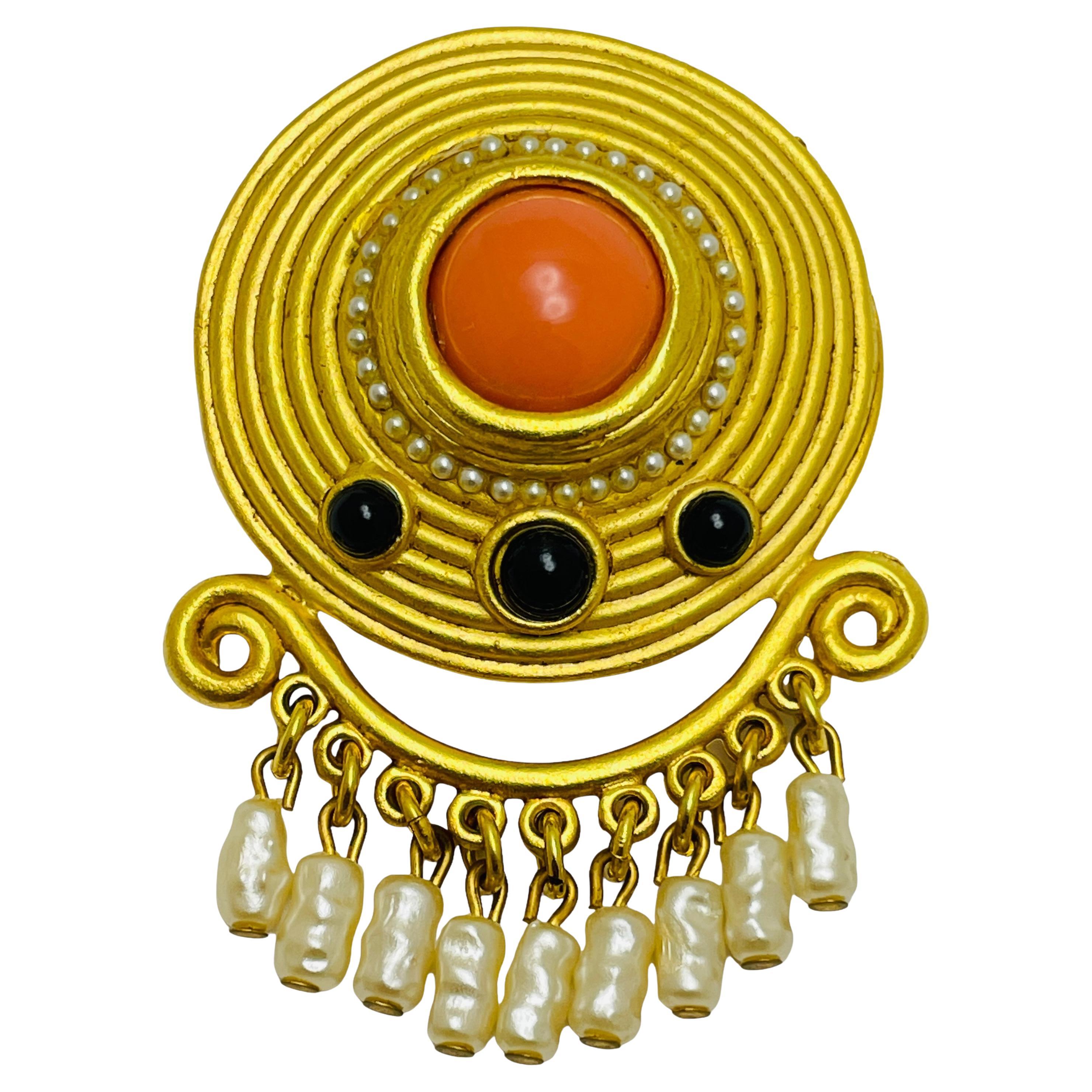 CRAFT signed gold tone pearl coral designer brooch For Sale