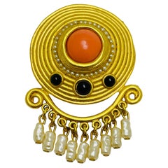 CRAFT signed gold tone pearl coral designer brooch