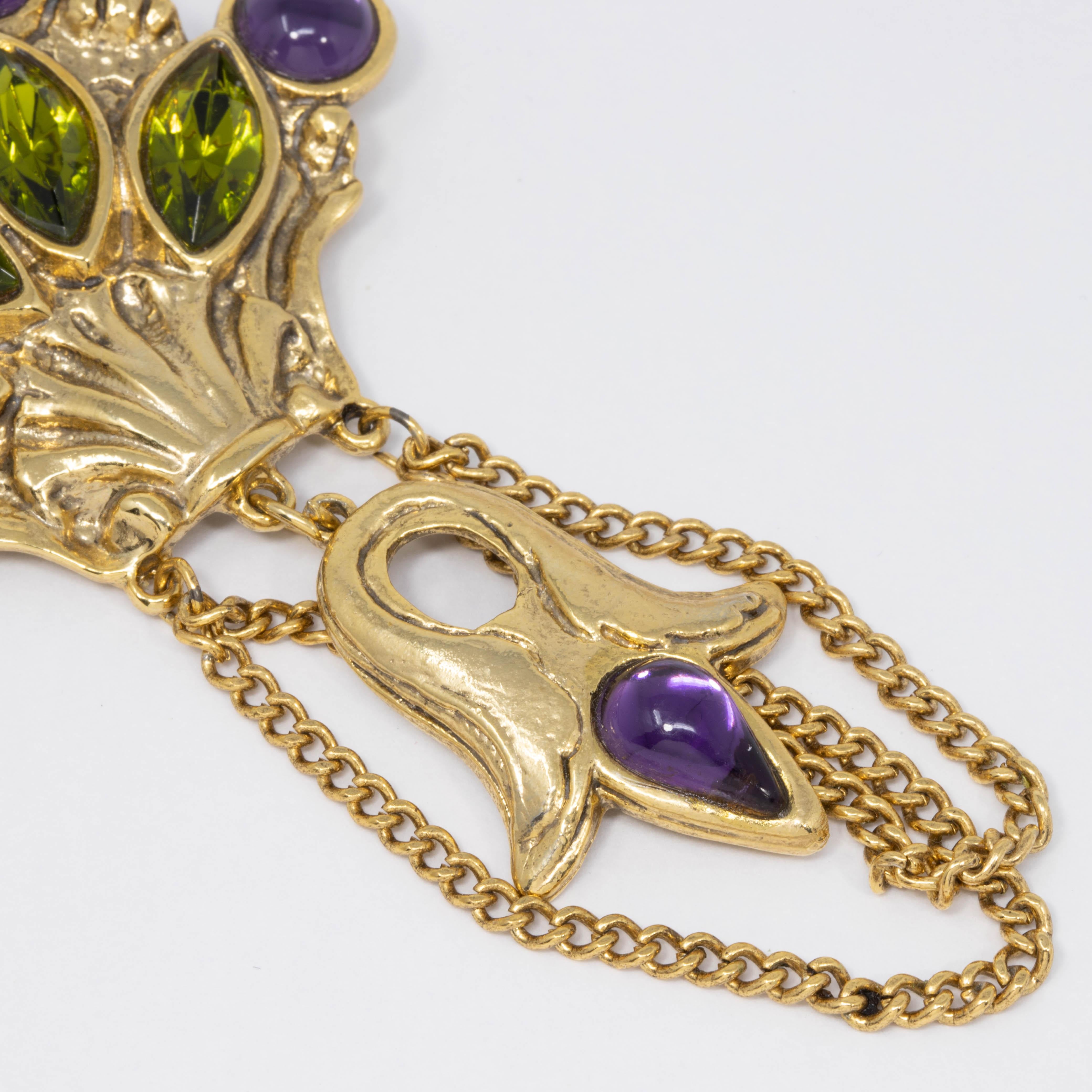 Victorian Craft Signed Purple Amethyst and Olivine Crystal Dangling Pin Brooch in Gold
