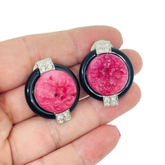 CRAFT pendientes de clip de diseño vintage de plata con rubí, cristal y esmalte negro