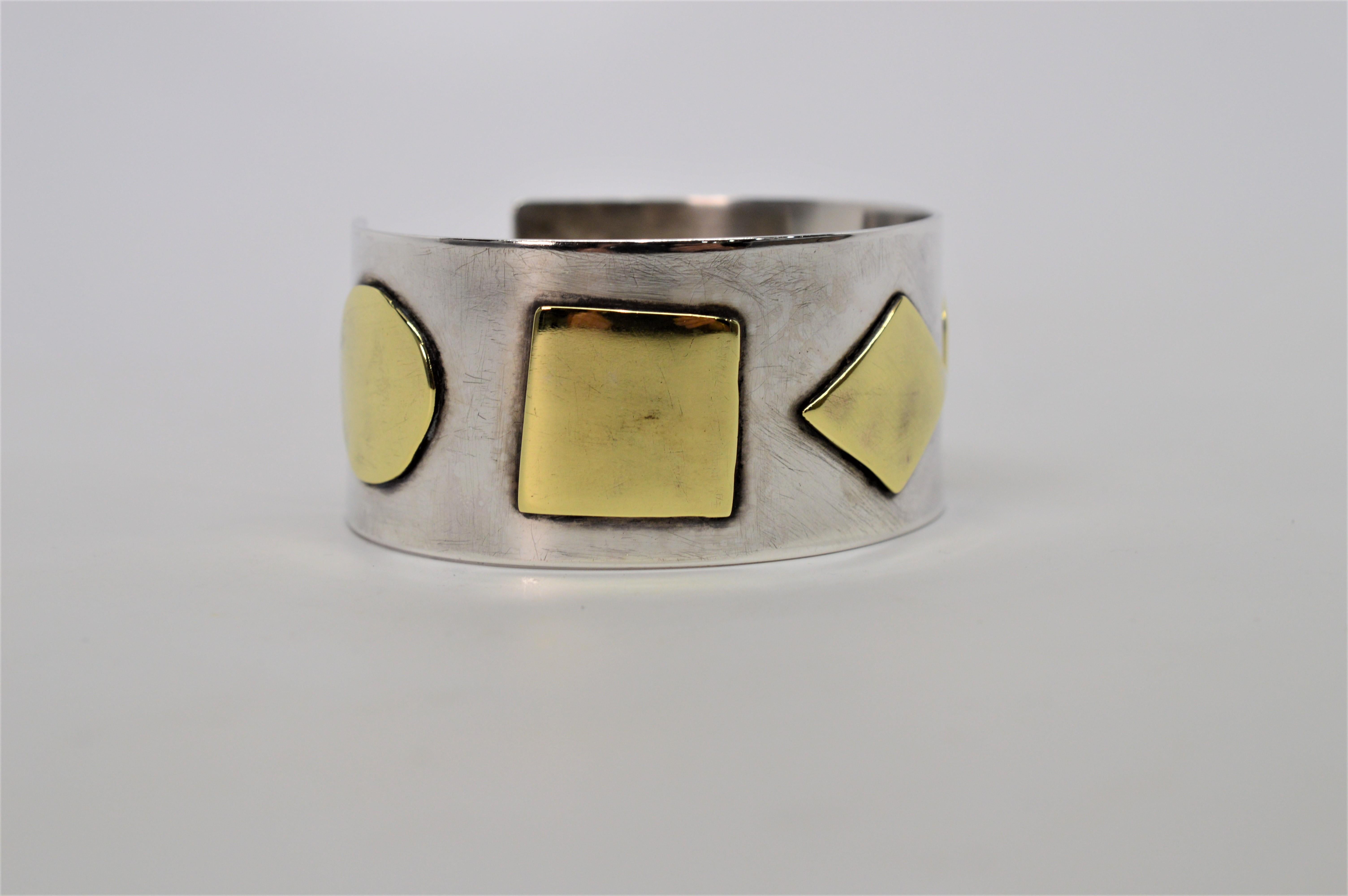 Craft Sterling Silver Cuff Bracelet with Brass Appliques In Good Condition For Sale In Mount Kisco, NY