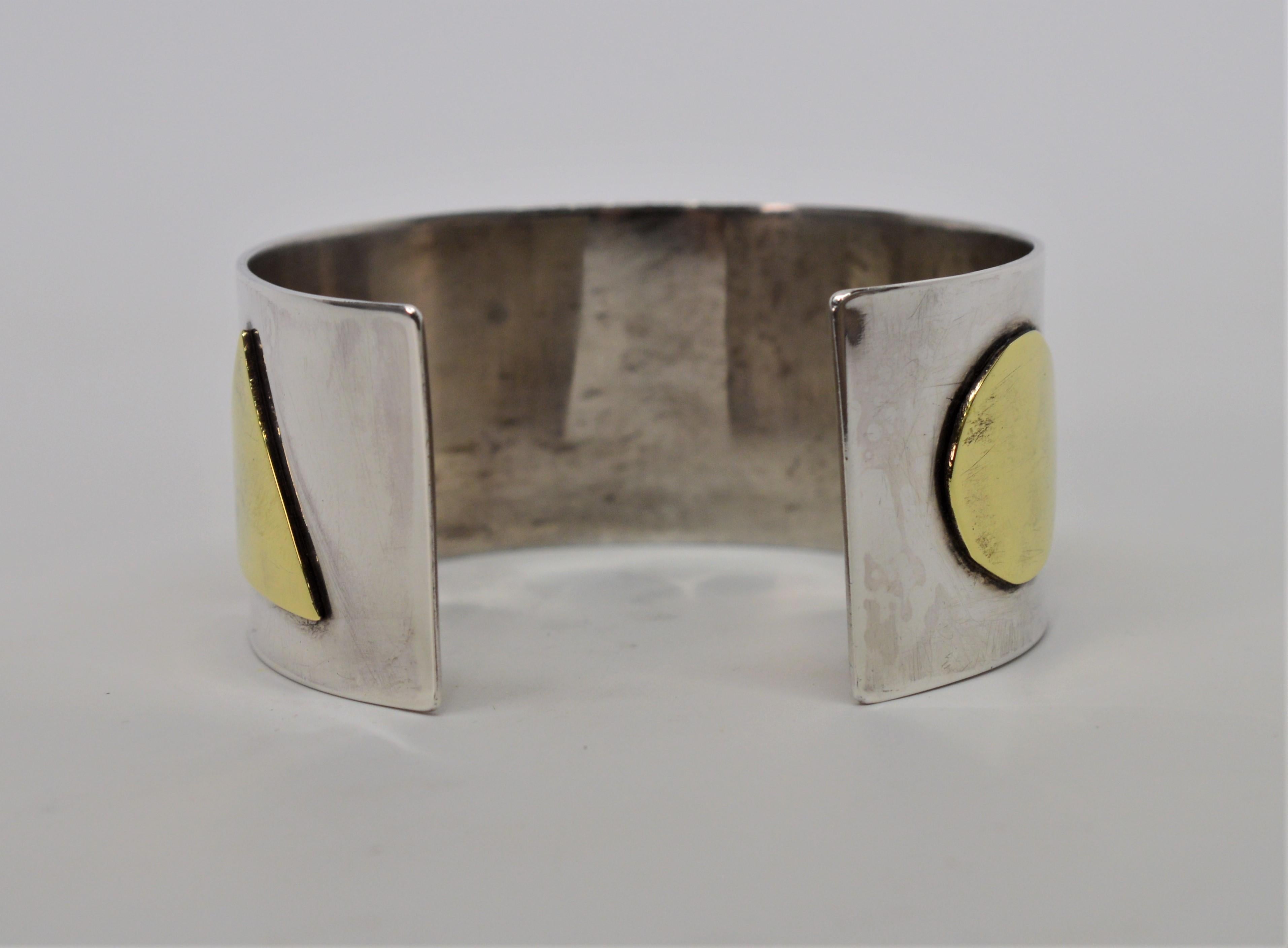 Craft Sterling Silver Cuff Bracelet with Brass Appliques For Sale 1