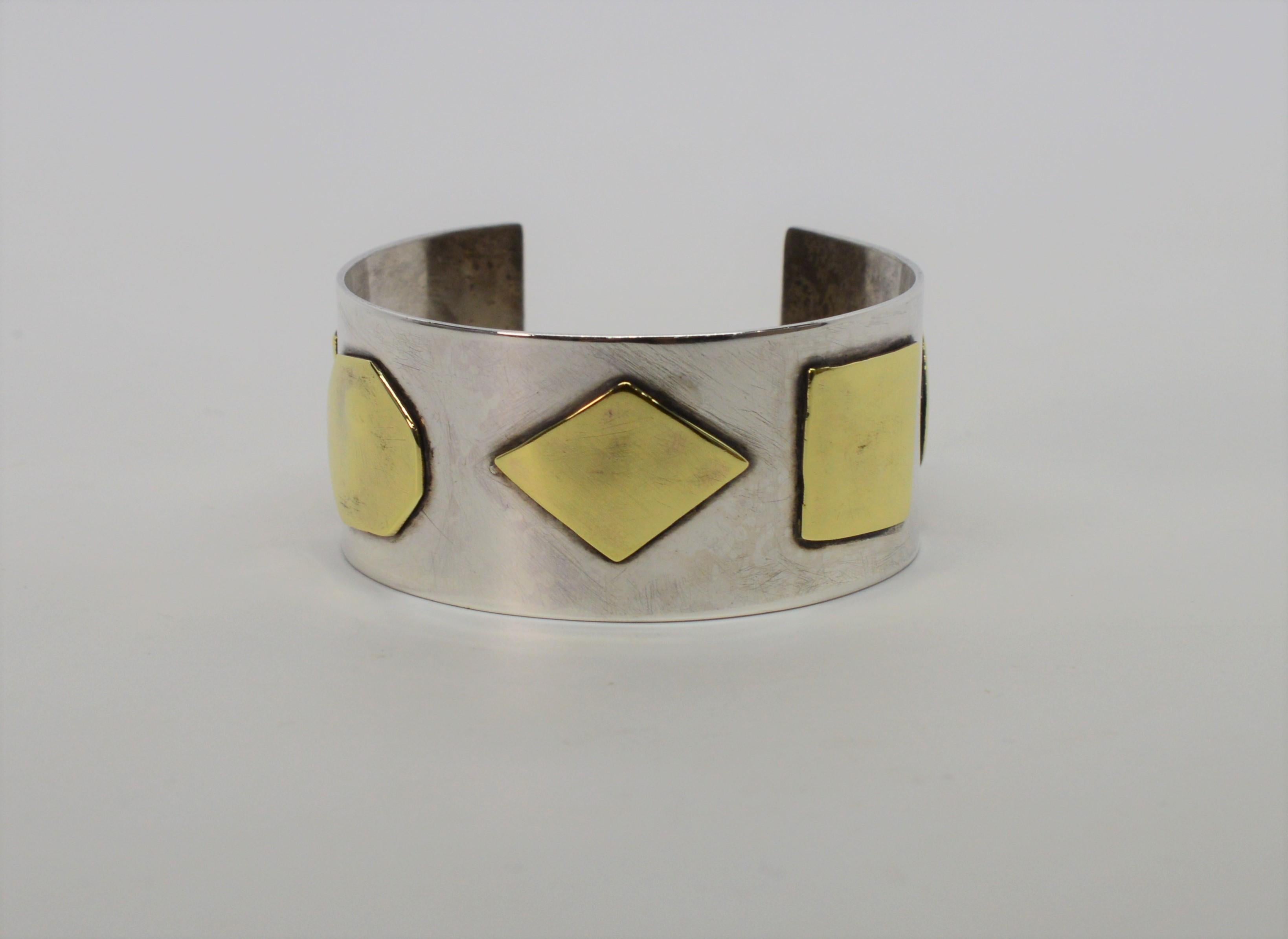 Craft Sterling Silver Cuff Bracelet with Brass Appliques For Sale 3