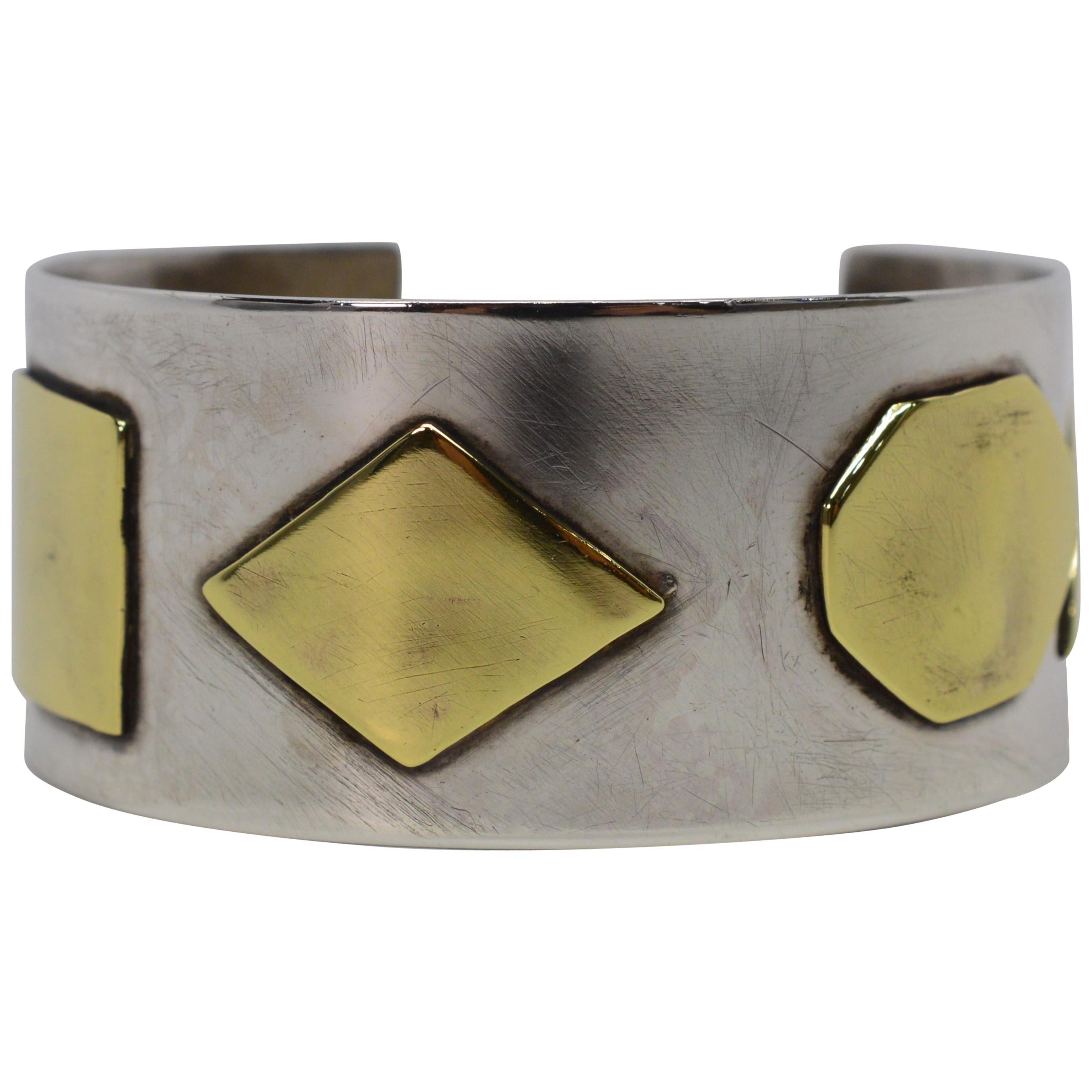 Craft Sterling Silver Cuff Bracelet with Brass Appliques For Sale