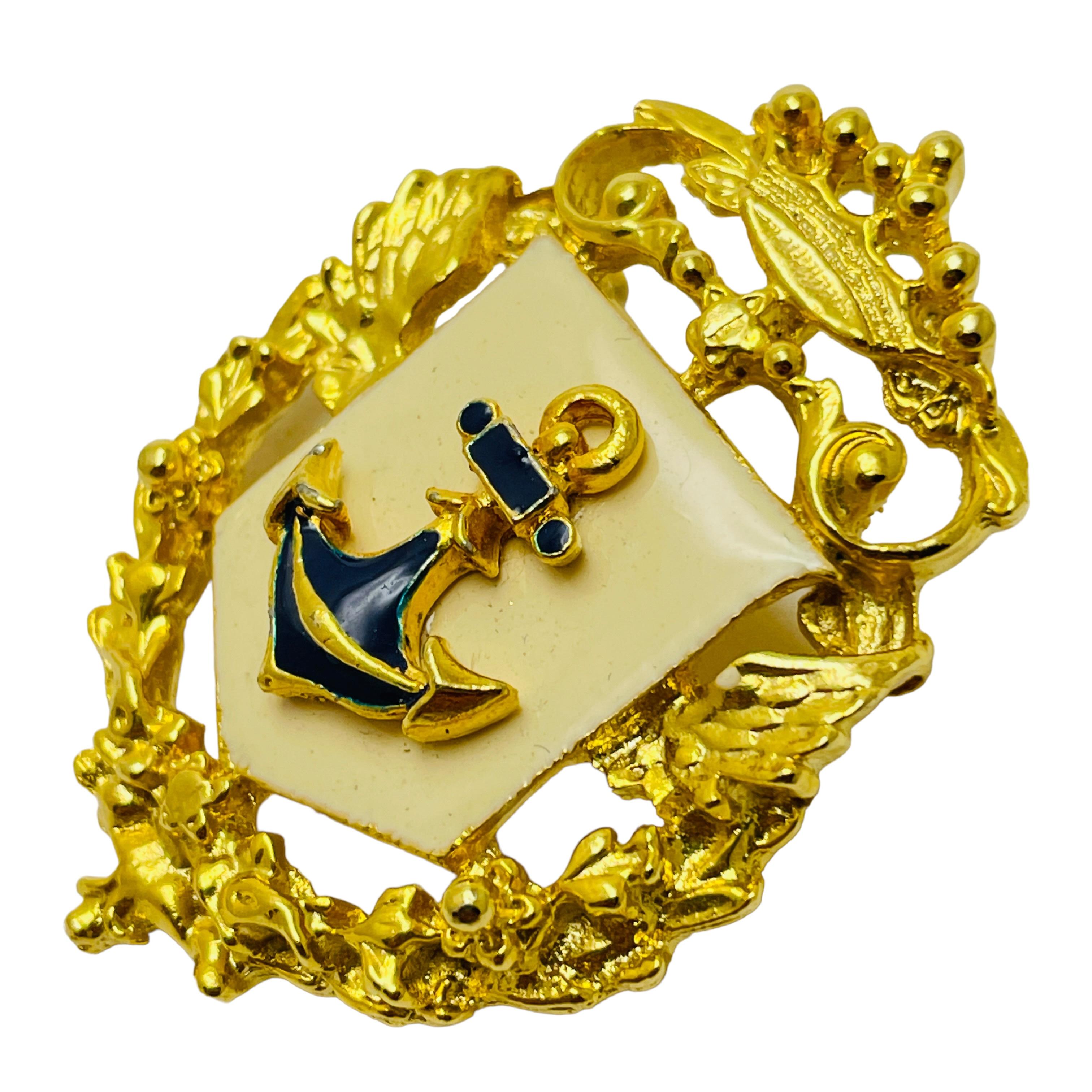 Women's or Men's CRAFT vintage gold enamel anchor crown designer runway brooch For Sale