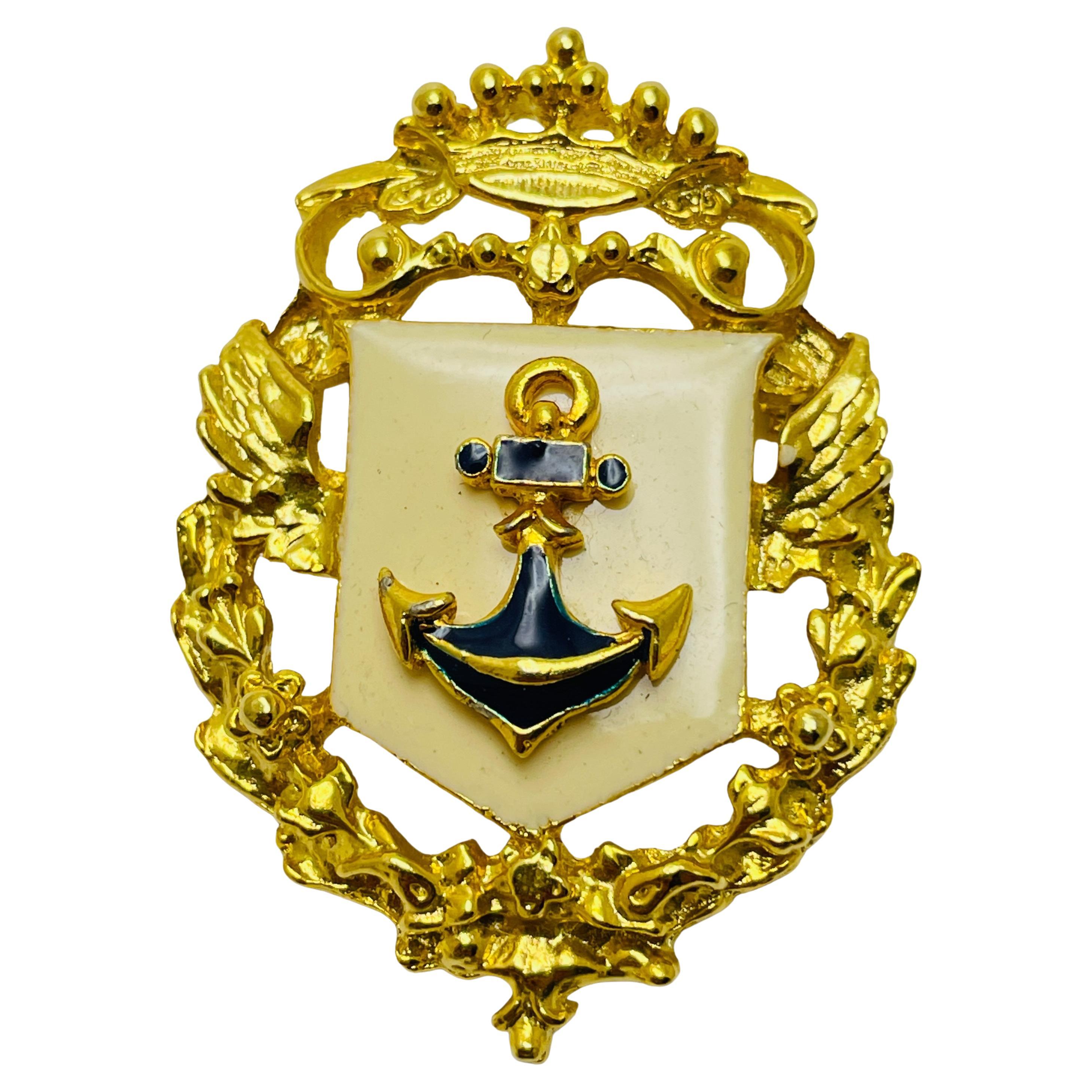 CRAFT vintage gold enamel anchor crown designer runway brooch For Sale