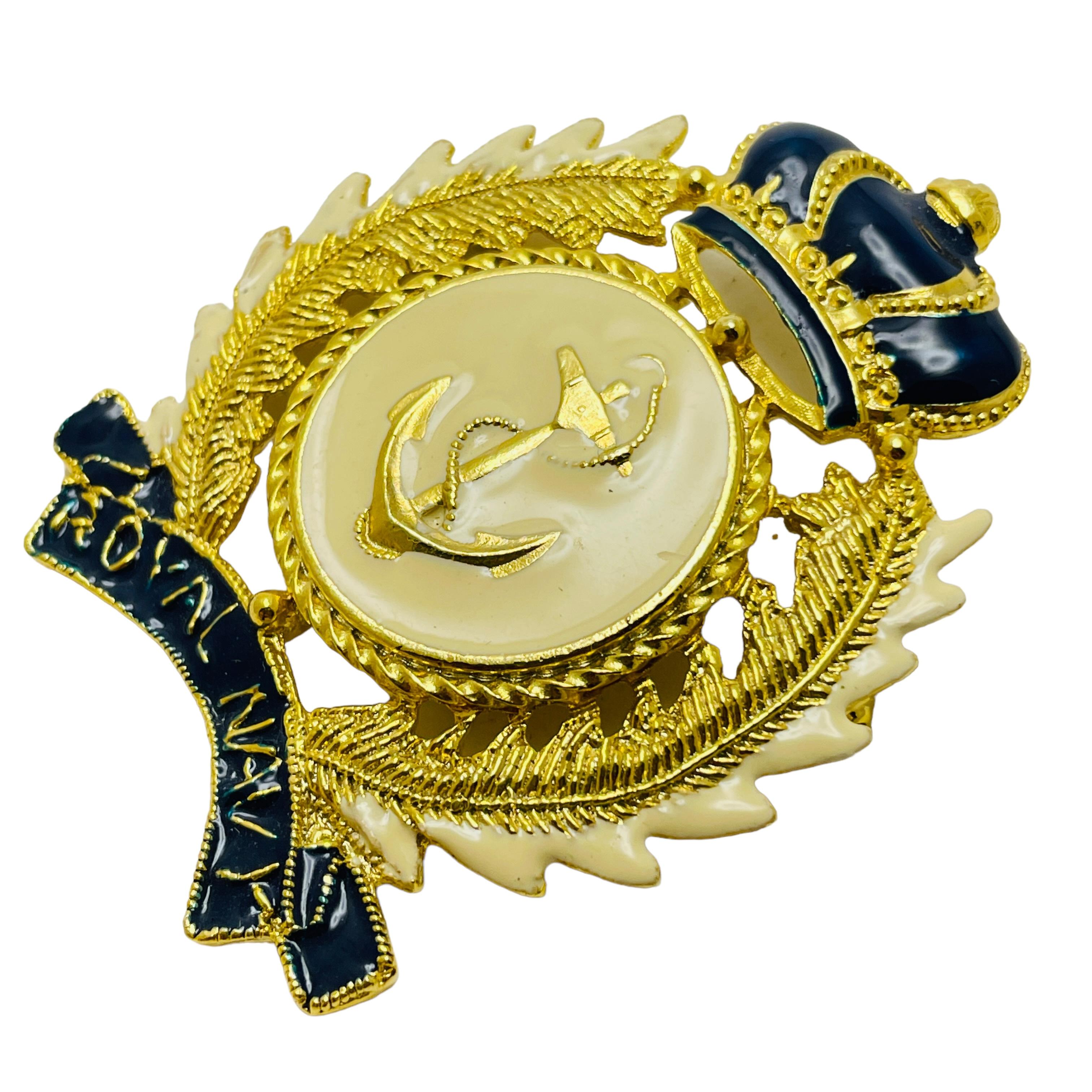 Women's or Men's CRAFT vintage gold enamel Royal Navy anchor crown designer runway brooch For Sale