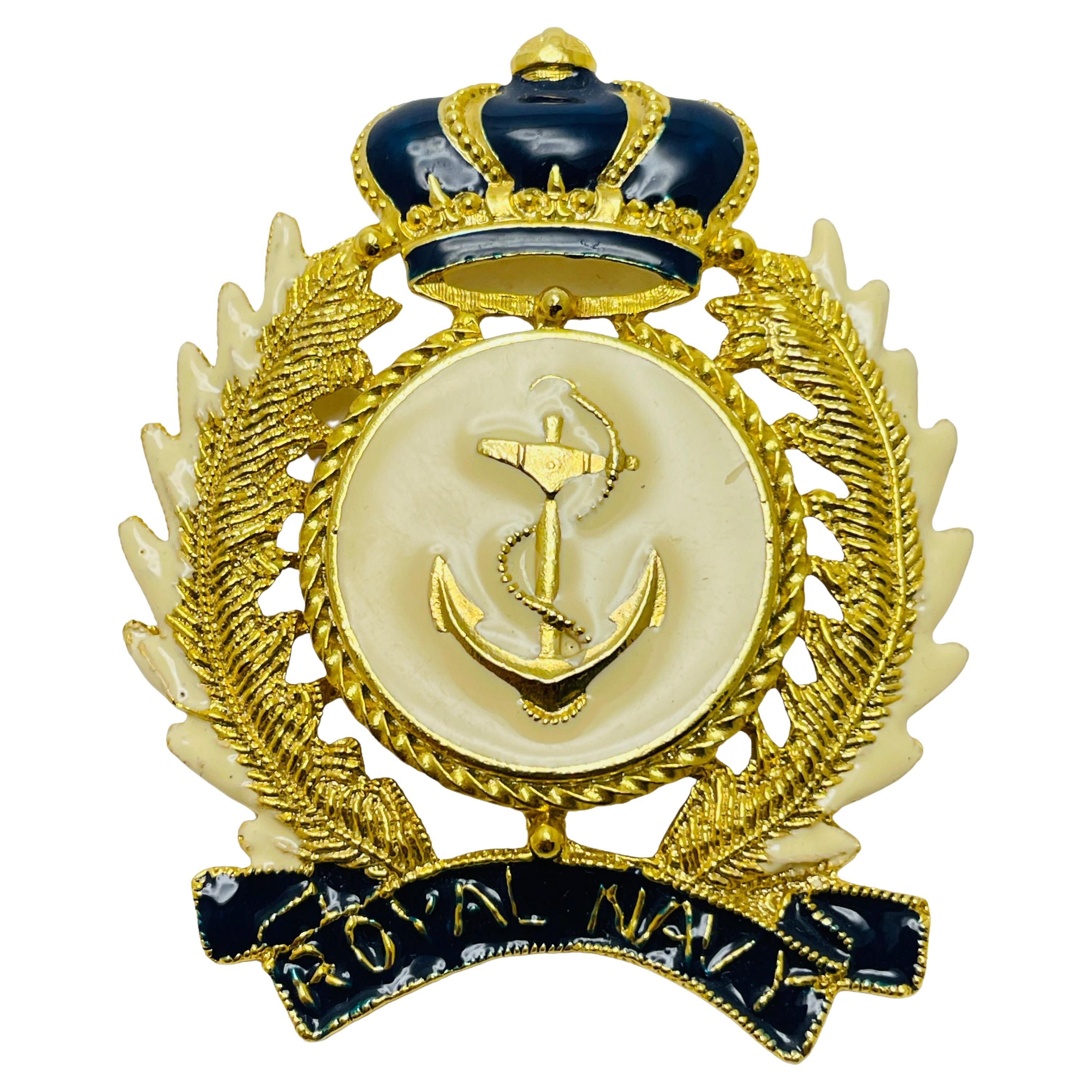 CRAFT vintage gold enamel Royal Navy anchor crown designer runway brooch For Sale