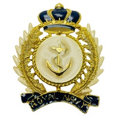 CRAFT vintage gold enamel Royal Navy anchor crown designer runway brooch