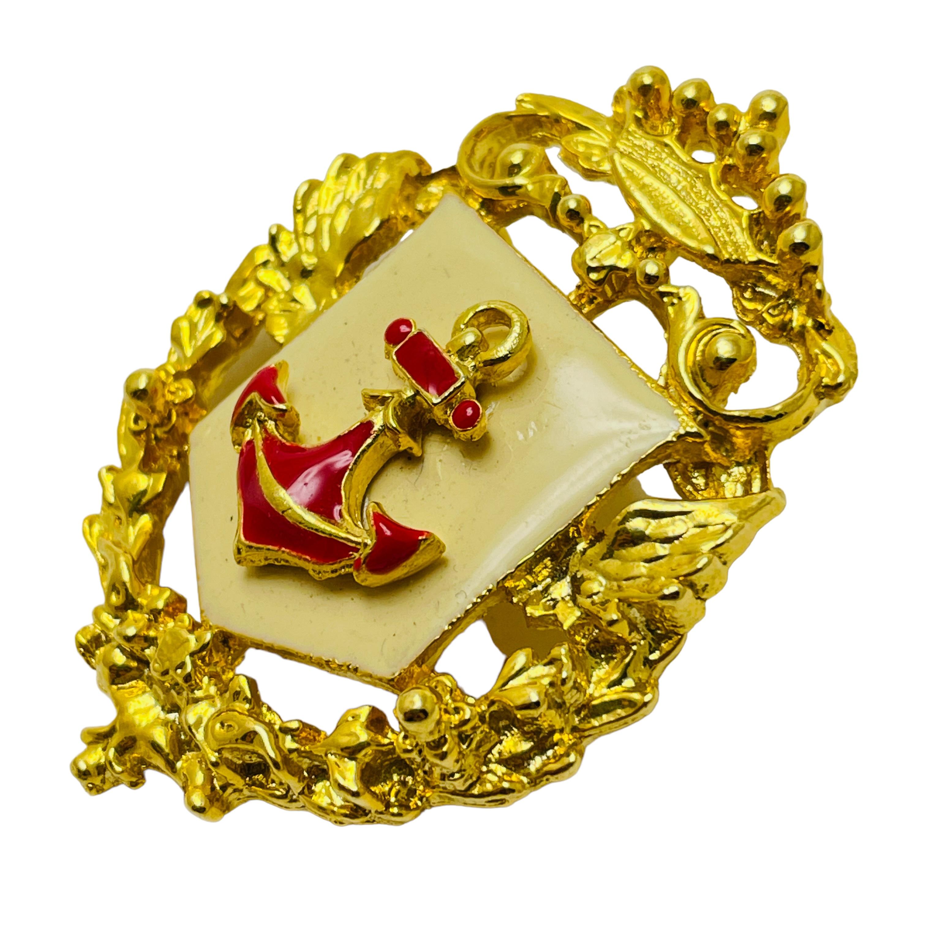 Women's or Men's CRAFT vintage gold red enamel anchor crown designer runway brooch For Sale