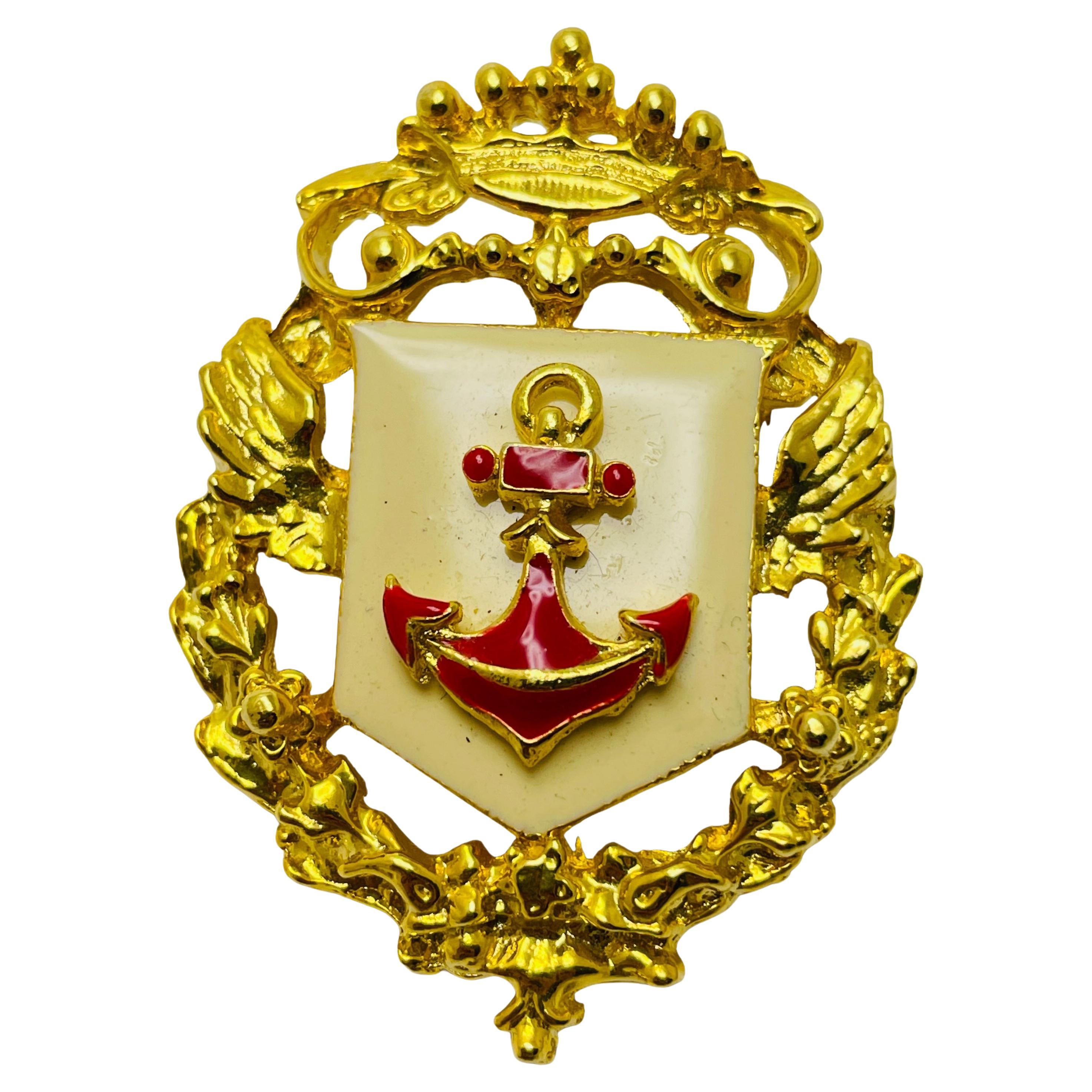 CRAFT vintage gold red enamel anchor crown designer runway brooch For Sale