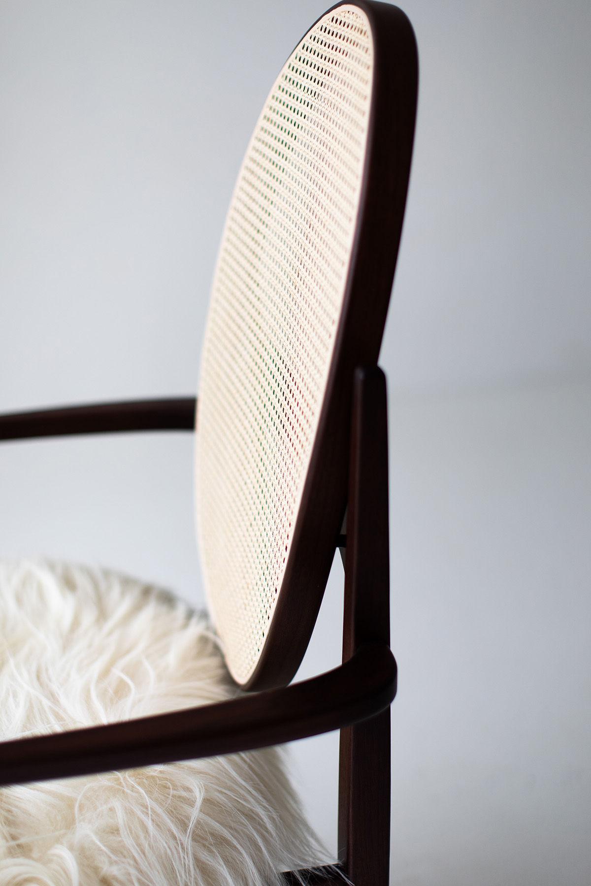 American CraftAssociates Arm Chair, Milo Baughman Arm Chair, Walnut, Oval Cane Back For Sale