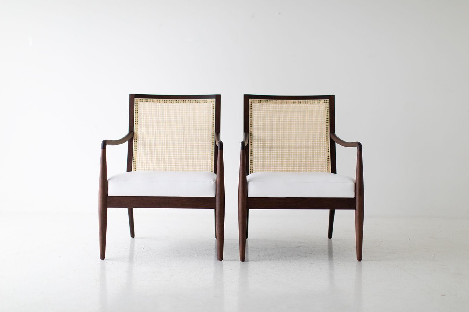 CraftAssociates Armchairs, Peabody Modern Cane Back Armchairs, Walnut, Caneback

These Lawrence Peabody modern cane back arm chairs for Craft Associates Furniture are expertly handcrafted and upholstered. These Peabody chairs are a licensed