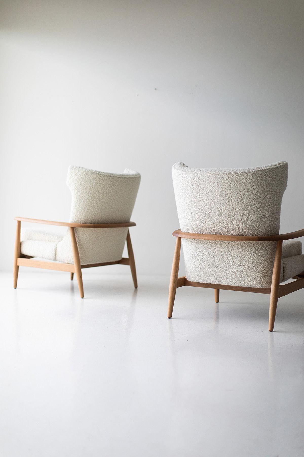 Craftassociates Chairs, Peabody Modern Lounge Chairs in Boucle, Wing, Oak, White

This Lawrence Peabody wing chair for Craft Associates Furniture is expertly handcrafted and upholstered. This Peabody chair is a licensed reintroduction for Craft