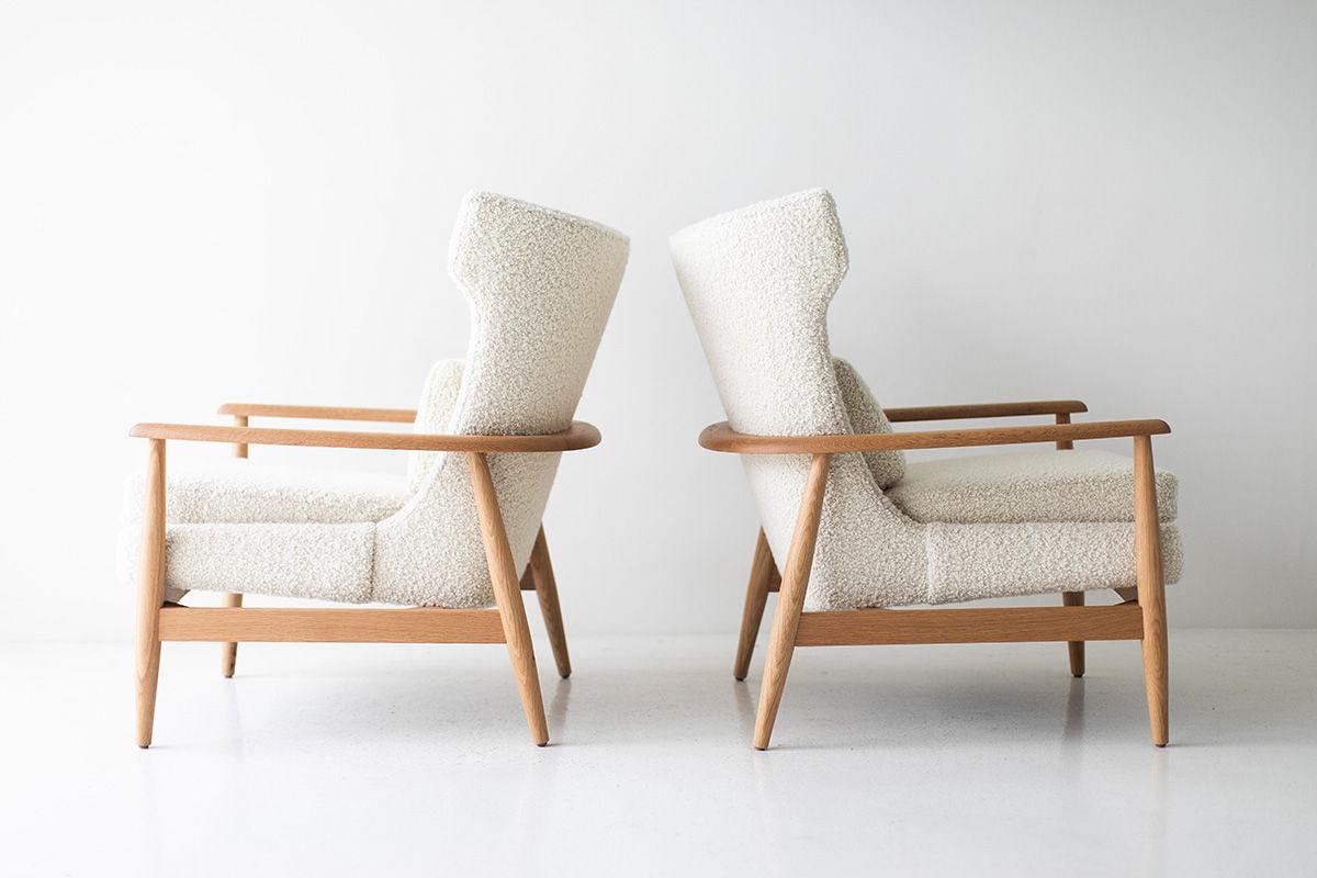 American Craftassociates Chairs, Peabody Modern Lounge Chairs in Boucle, Wingback, Oak For Sale