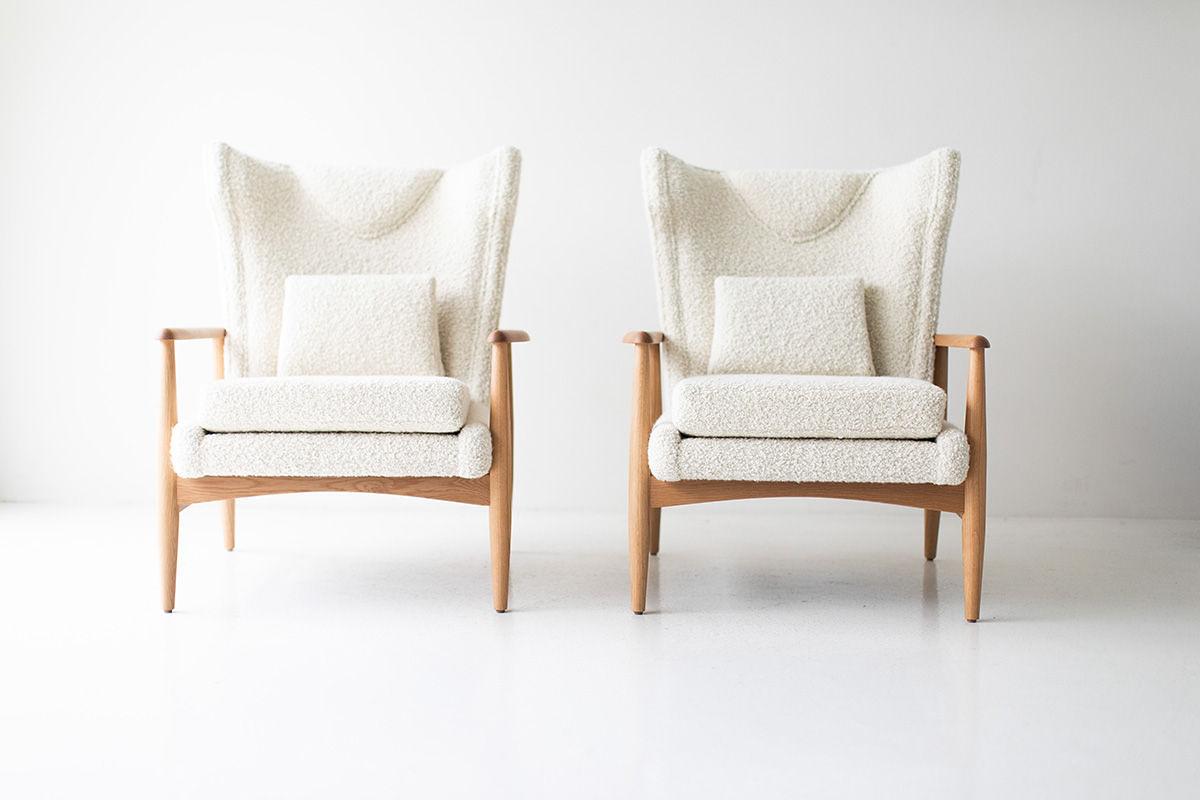 Craftassociates Chairs, Peabody Modern Lounge Chairs in Boucle, Wingback, Oak For Sale 2