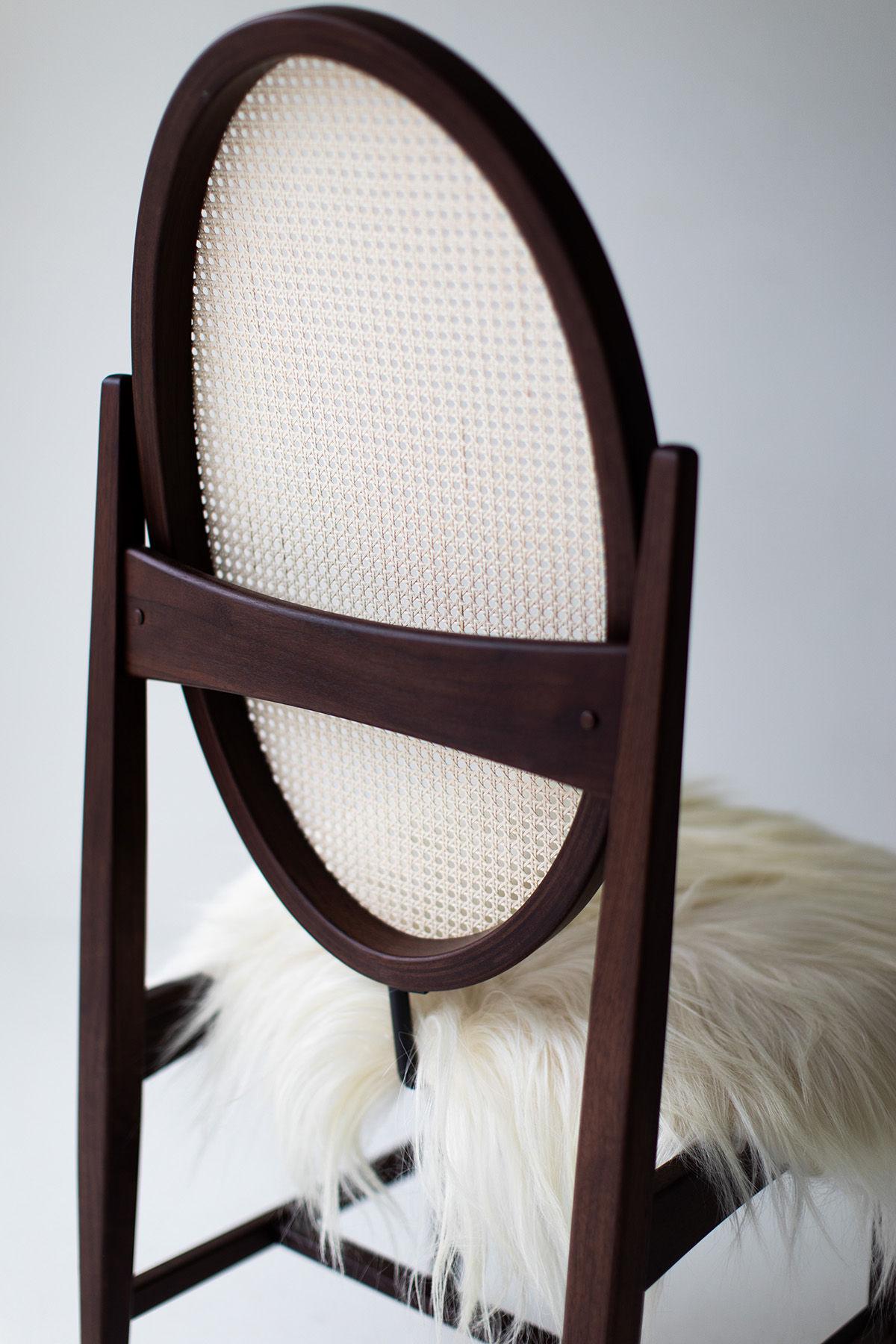 Sheepskin CraftAssociates Dining Chair, Milo Baughman Dining Chairs, Oval, Cane, Walnut For Sale