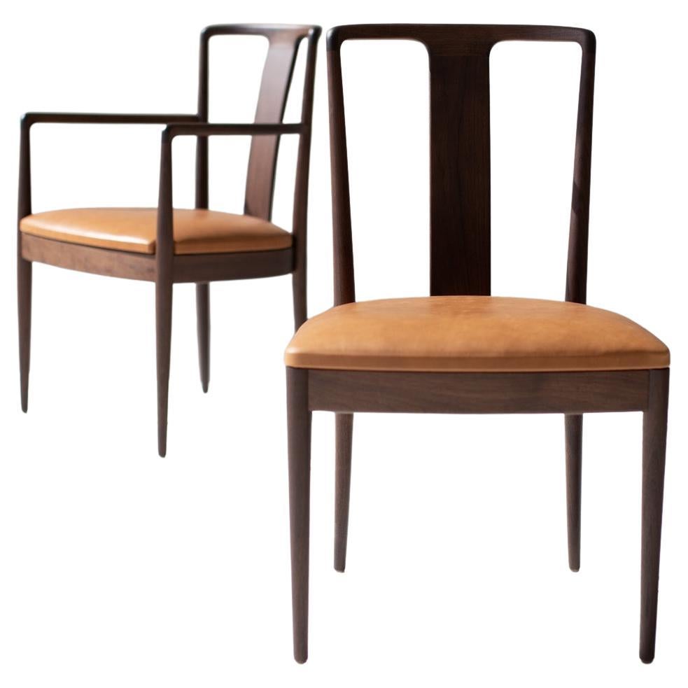 CraftAssociates Dining Chairs, Derby Modern Dining Chairs, Walnut, Brown Leather