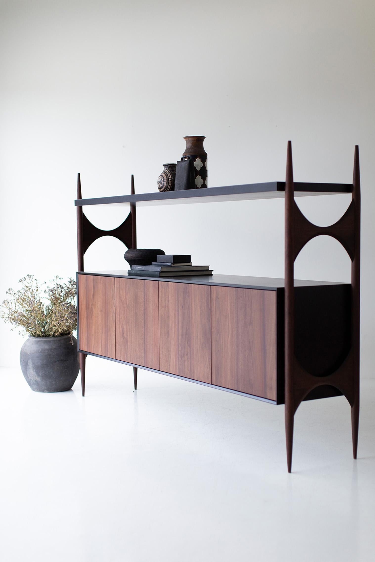 CraftAssociates Hutch, Modern Walnut Hutch, Black and Walnut, Cambre Collection

This modern walnut credenza from the Cambre Collection for Craft Associates Furniture is expertly crafted. The legs and door fronts are constructed by artisans from