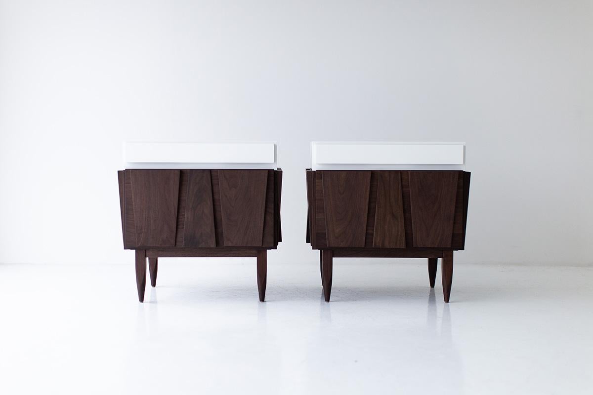 Craft Associates nightstands, modern walnut nightstands, white and walnut, eiger

These modern walnut nightstands are expertly crafted. These are constructed from solid hardwood by hand, not machine. The walnut is then shaped by artisans and