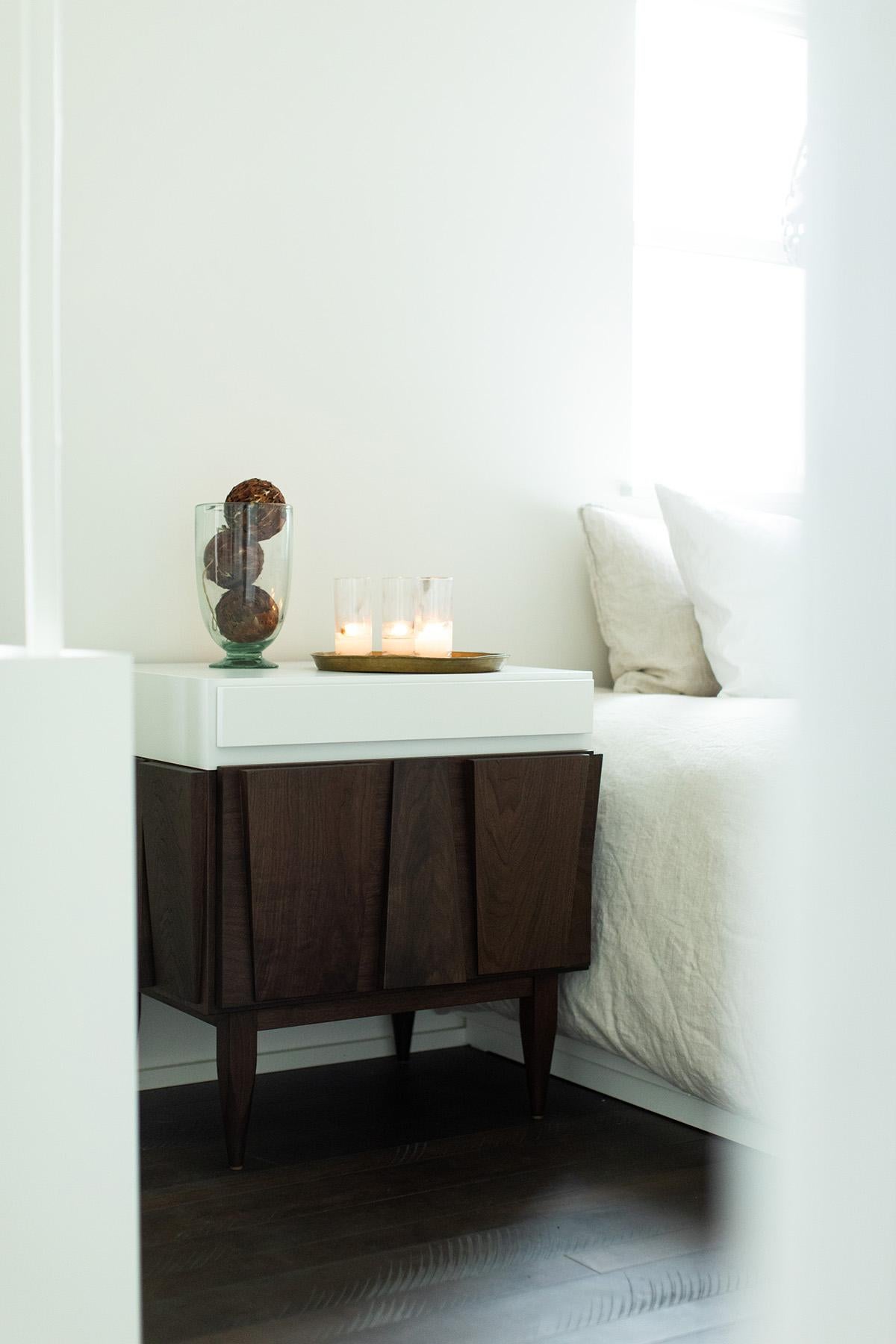 CraftAssociates Nightstands, Modern Walnut Nightstands, White and Walnut, Eiger For Sale 2