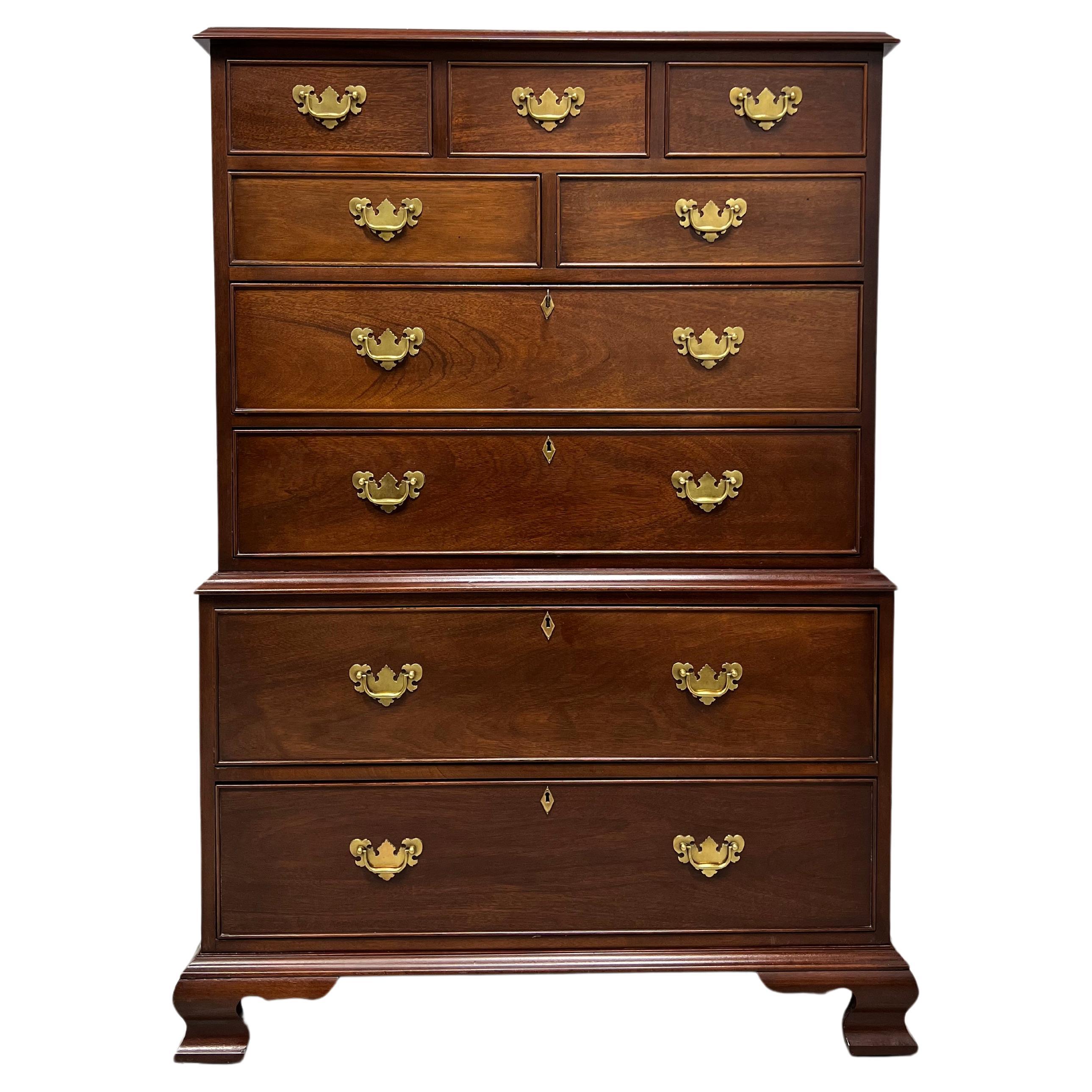 CRAFTIQUE Solid Mahogany Chippendale Style Chest on Chest with Ogee Feet For Sale