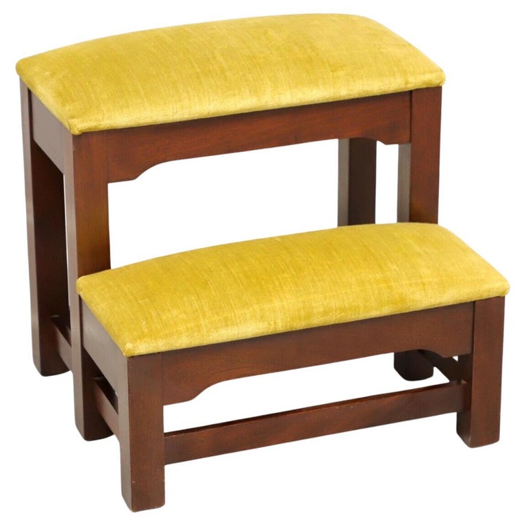 CRAFTIQUE Solid Mahogany Old Wood Finish Upholstered Bed Steps For Sale