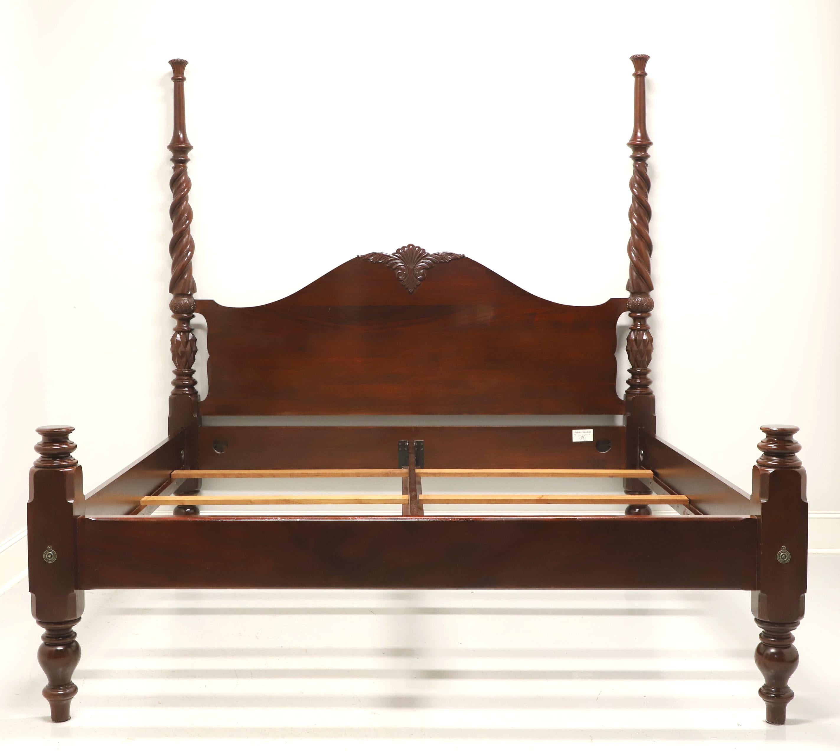 A Traditional style king size poster bed by Craftique, of Mebane, North Carolina, USA. Custom crafted for an adaptation to their four poster barley twist king bed with just two barley twist posts with finials to the decoratively carved arched