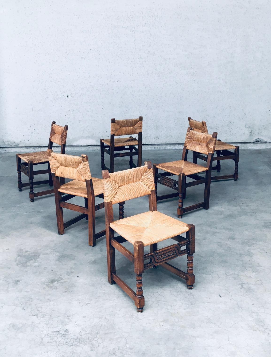 Mid-20th Century Craftman Oak & Rush Dining Chair set, France 1940's For Sale