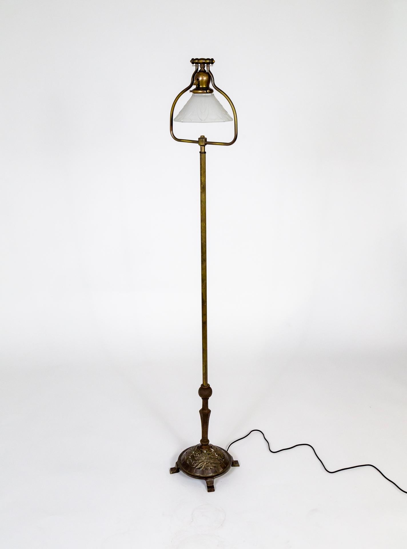 20th Century Craftsman Harp Floor Lamp w/ Floral Base & Molded Glass Shade For Sale