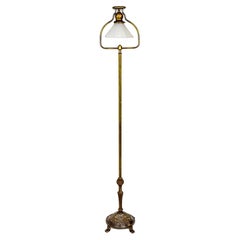 Antique Craftsman Harp Floor Lamp w/ Floral Base & Molded Glass Shade