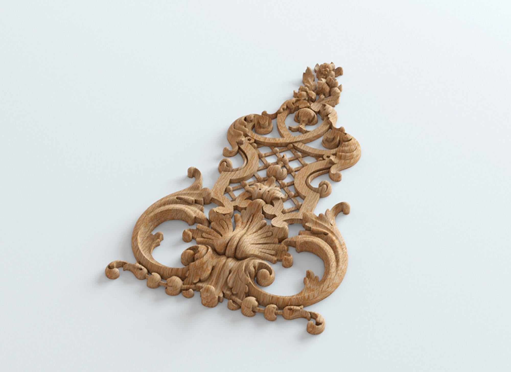 High quality decorative carved wood onlay. Material: oak or beech of your choice. Unpainted.

>> SKU: N-414

>> Dimensions (A x B x C):

1) 12.09