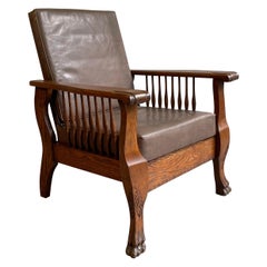 Antique Craftsman Oak and Leather Recliner Armchair