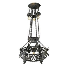 Antique Craftsman Tudor Gothic 4-Light Iron Ring Chandelier