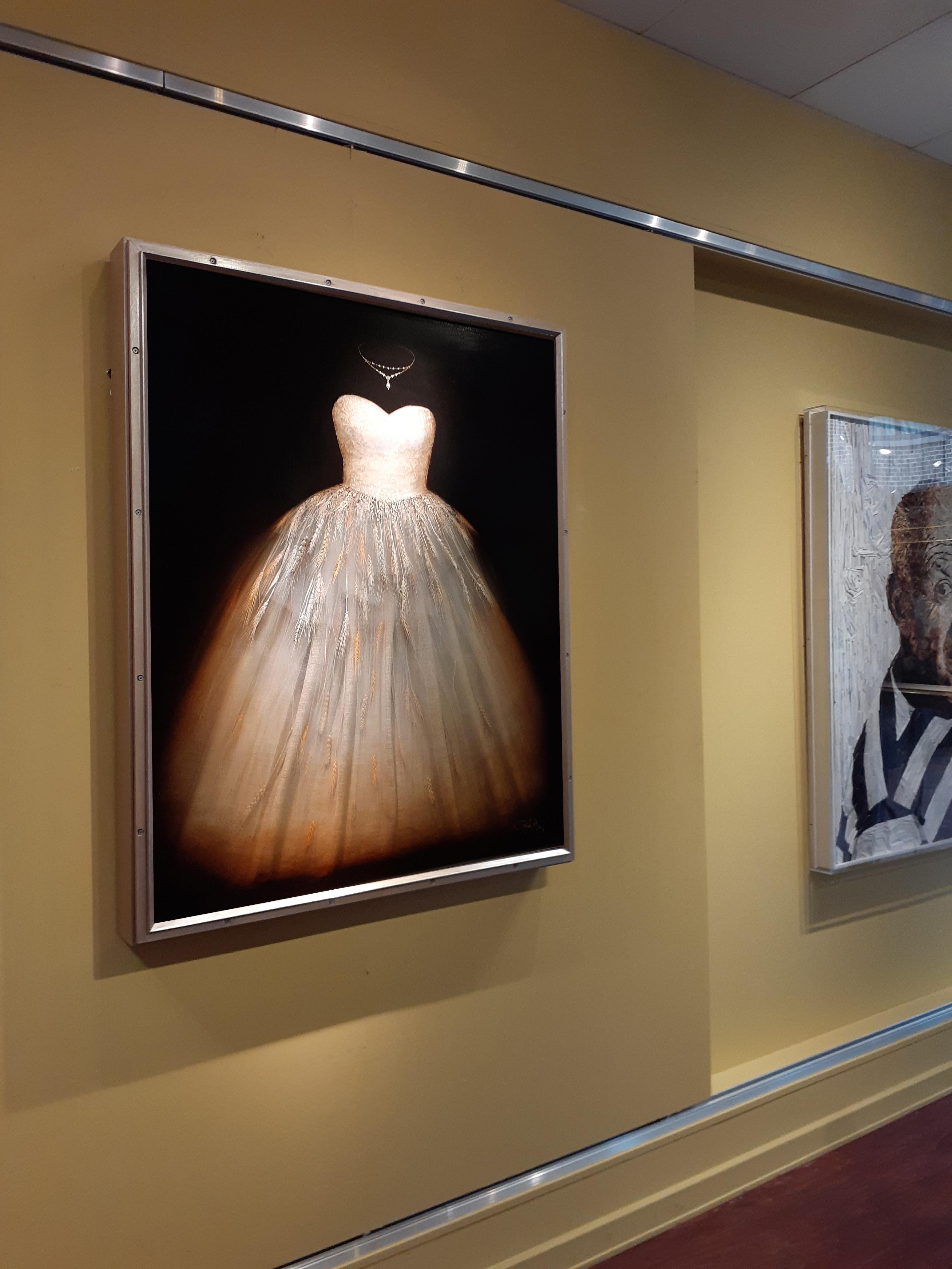 Dimensional shadow box skirt made of real fabric. The bust of the dress is painted on the top surface of the plexi glass. 