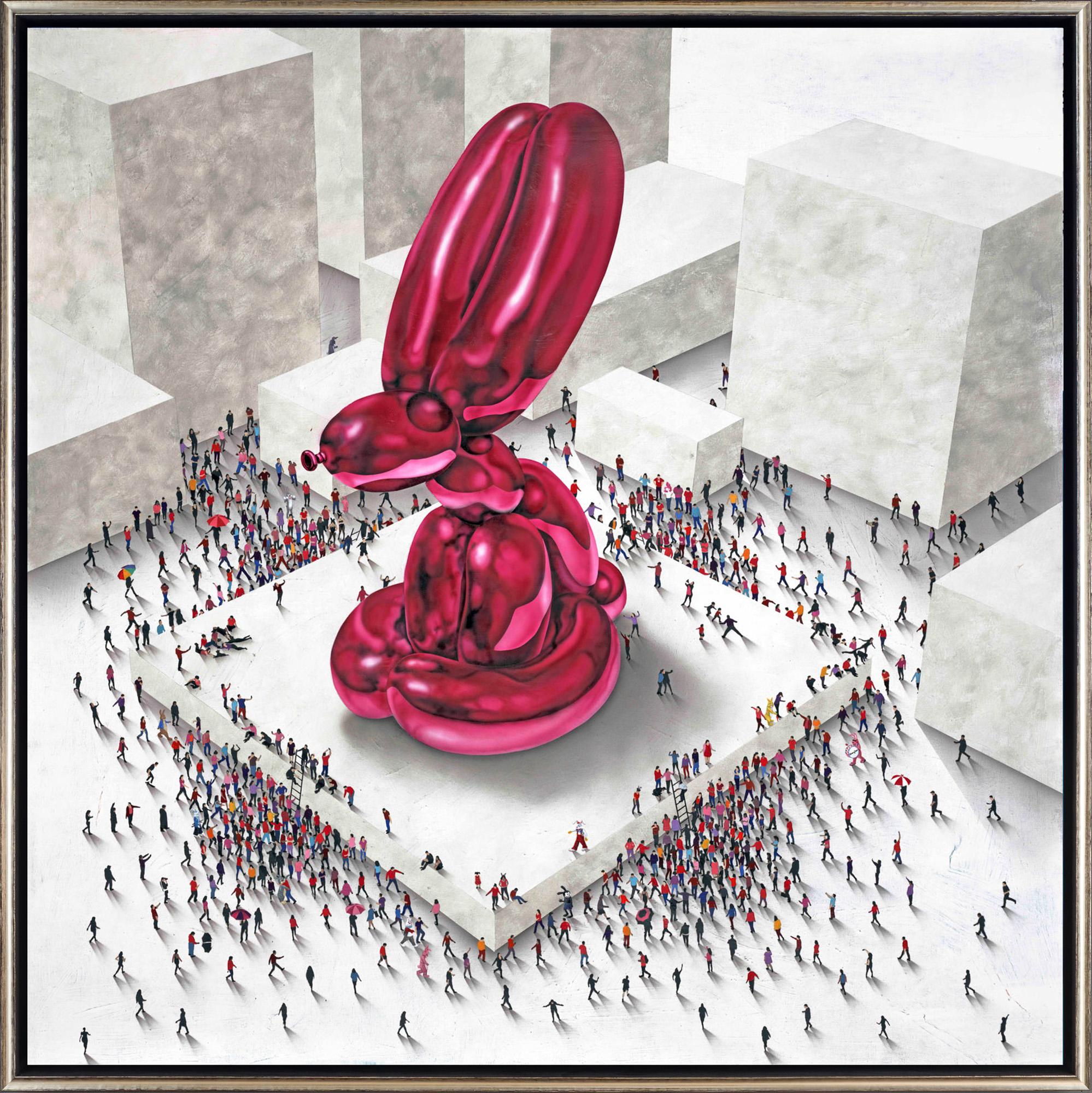 Figurative Painting Craig Alan - "Populus : Helium Hare" Lapin à ballons avec foule Édition limitée Giclée sur toile