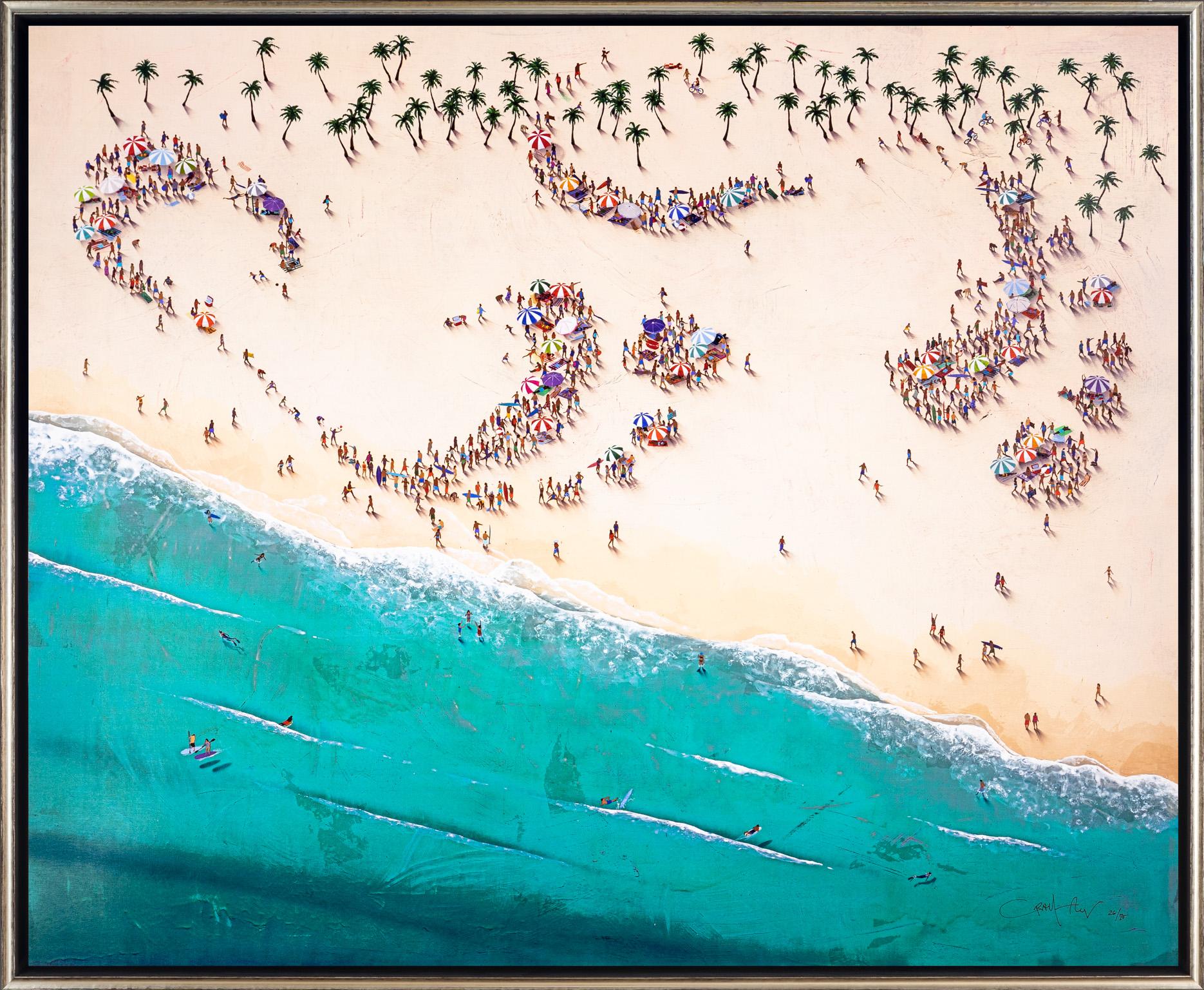 Craig Alan Landscape Painting - "Populus: Hot Feet" Beach Landscape with Footprints and Crowd, Giclee on Canvas