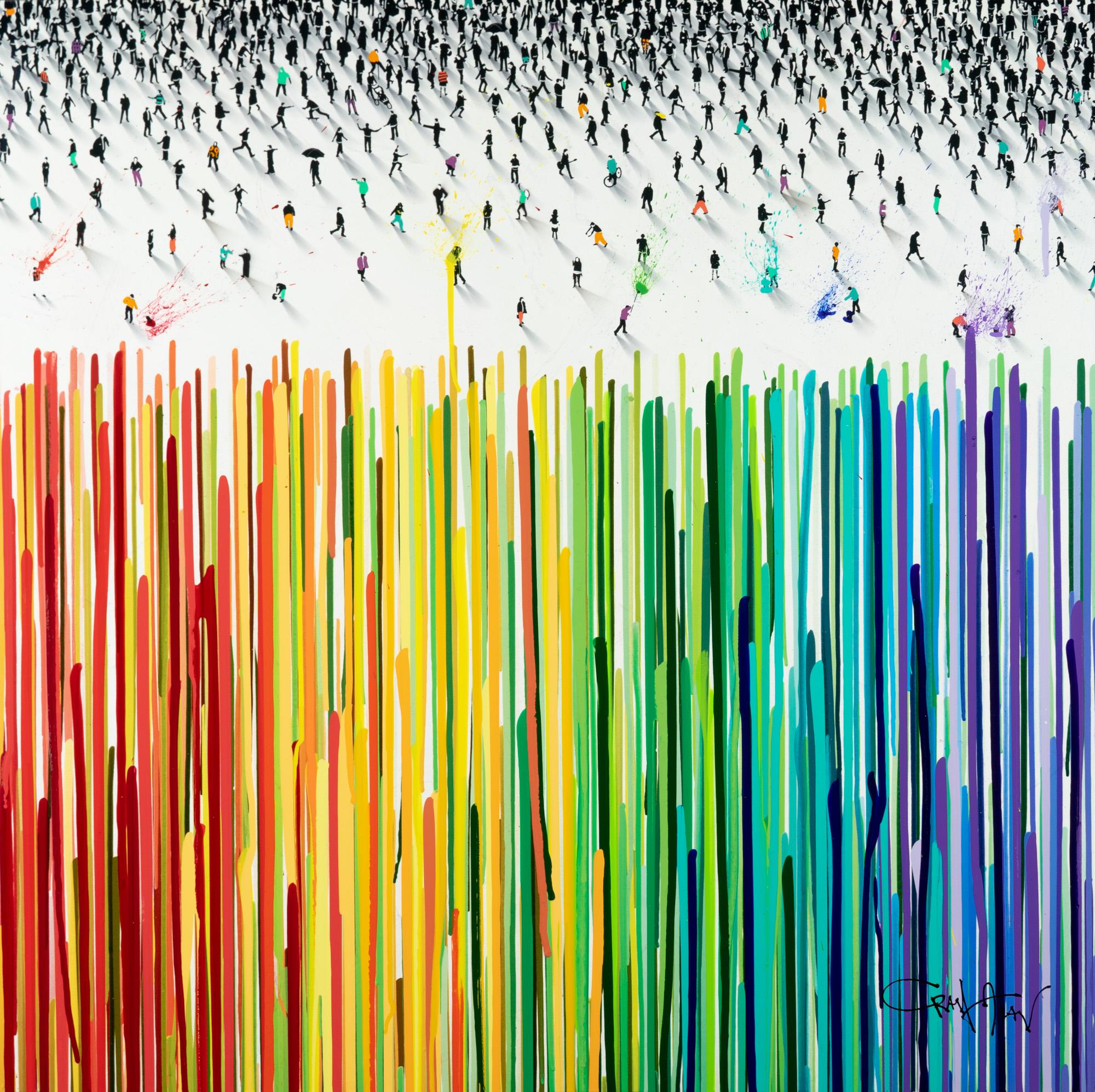 Craig Alan Abstract Painting - "Populus: Perspectrum II" Abstract Crowd Rainbow Mixed Media on Board Painting