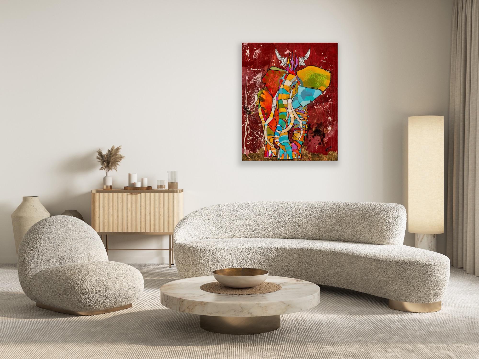 „Mindful Journey“ – lebhaftes, farbenfrohes Elefantengemälde in Mischtechnik auf Holzplatte (Zeitgenössisch), Painting, von CAM (Craig Anthony Miller)