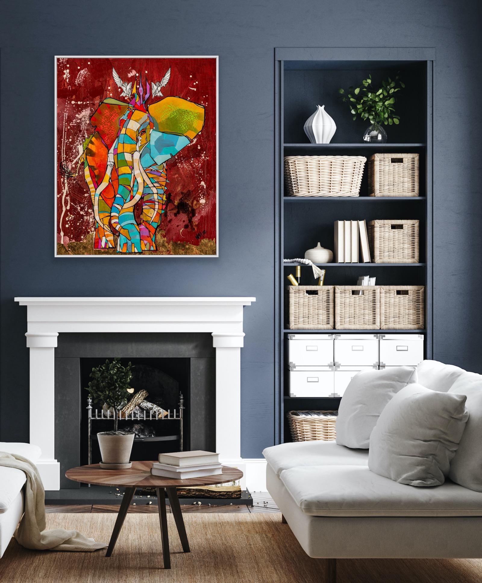 „Mindful Journey“ – lebhaftes, farbenfrohes Elefantengemälde in Mischtechnik auf Holzplatte (Braun), Animal Painting, von CAM (Craig Anthony Miller)