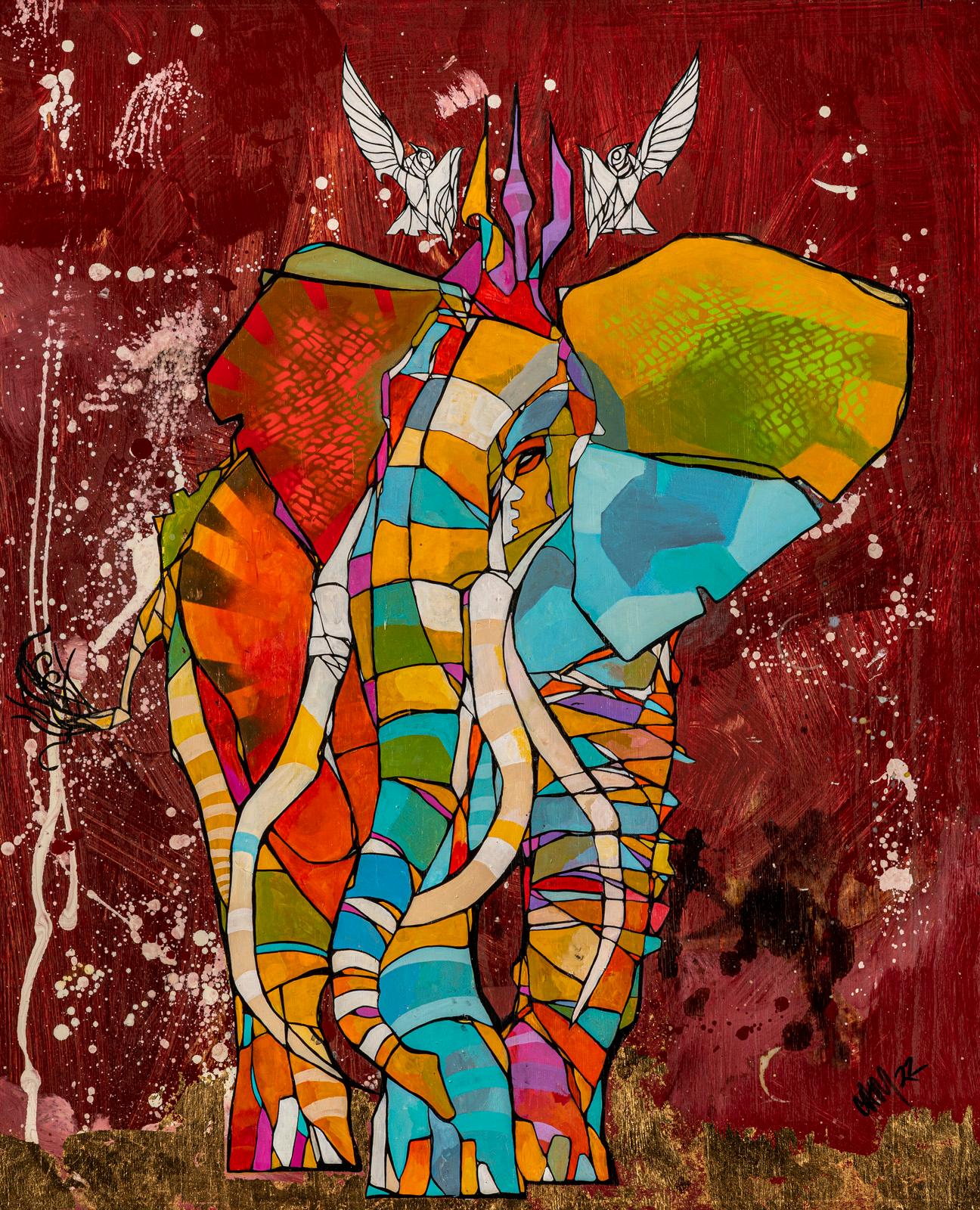 „Mindful Journey“ – lebhaftes, farbenfrohes Elefantengemälde in Mischtechnik auf Holzplatte