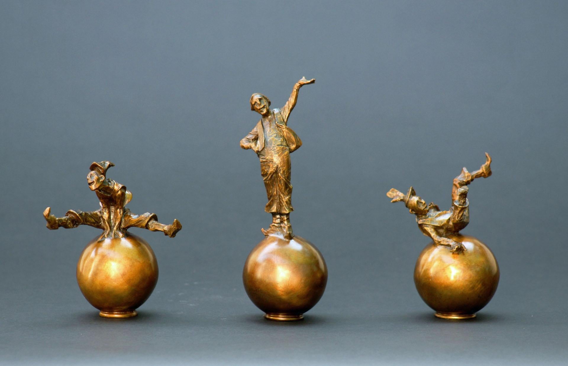 Craig Campbell Figurative Sculpture - On the Ball Series, 8" high bronze set of 3