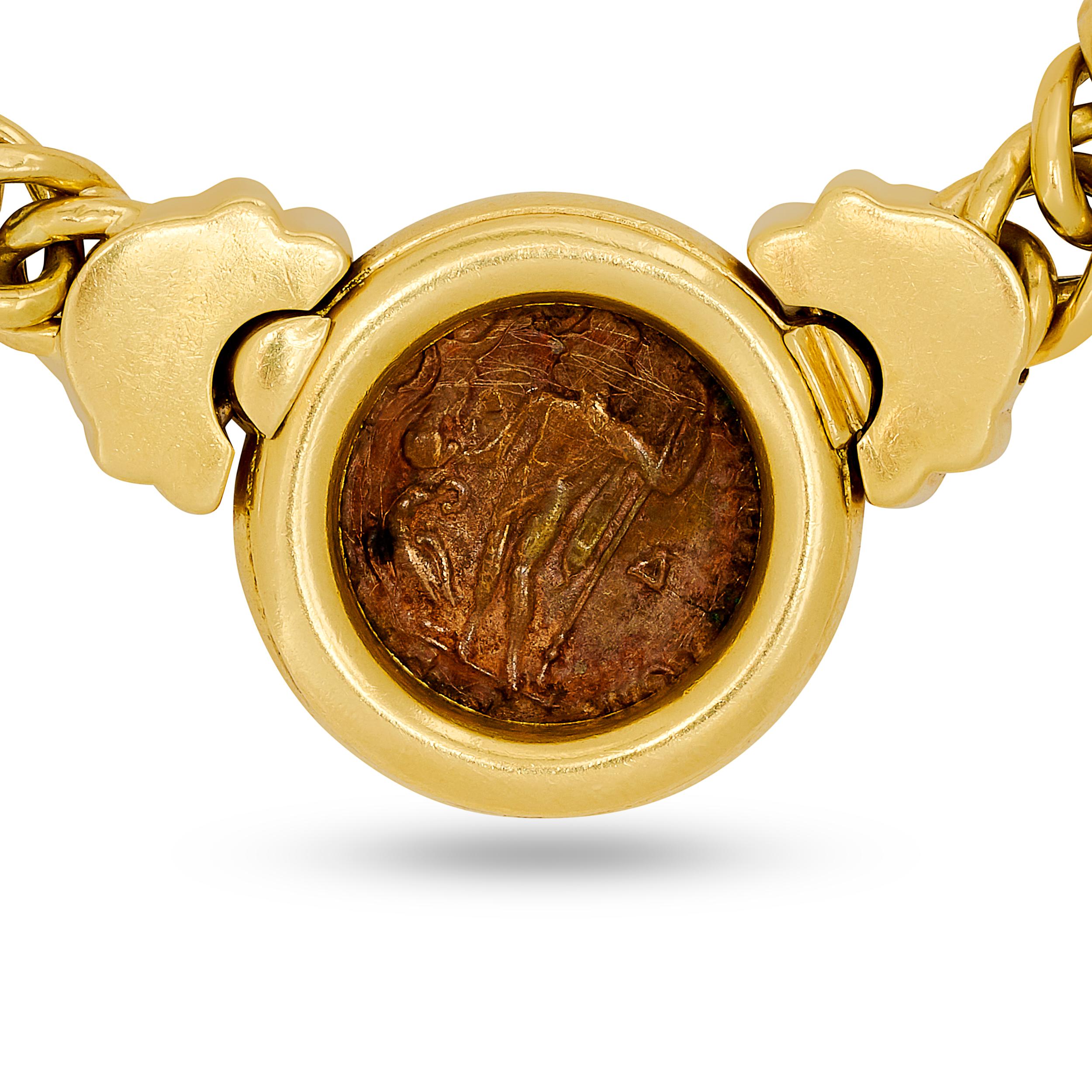 Round Cut Craig Drake 18 Karat Yellow Gold Diamond and Sapphire Coin Necklace For Sale