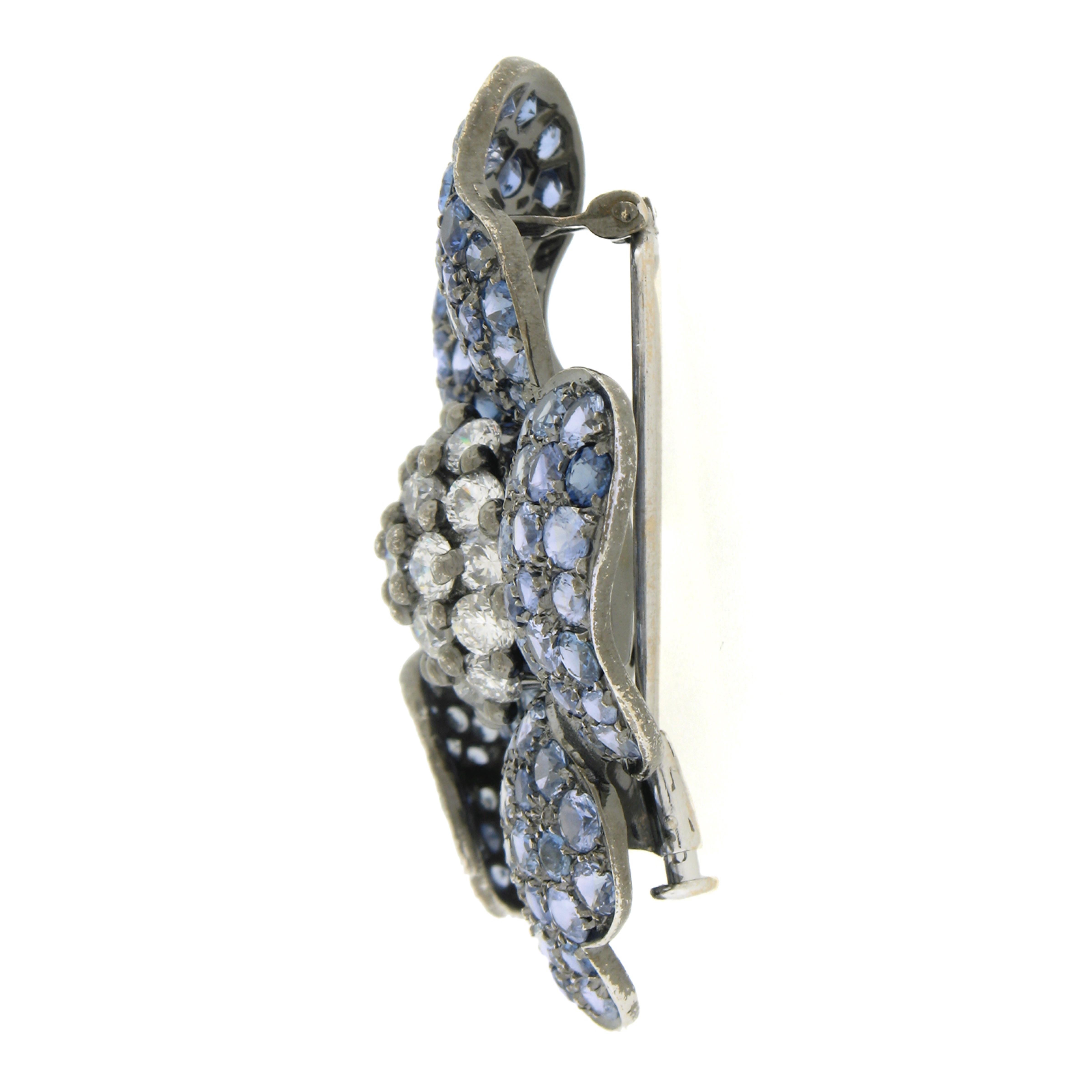 Women's Craig Drake 18k Blackened Gold 17.44ctw Sapphire Diamond Large Flower Pin Brooch For Sale