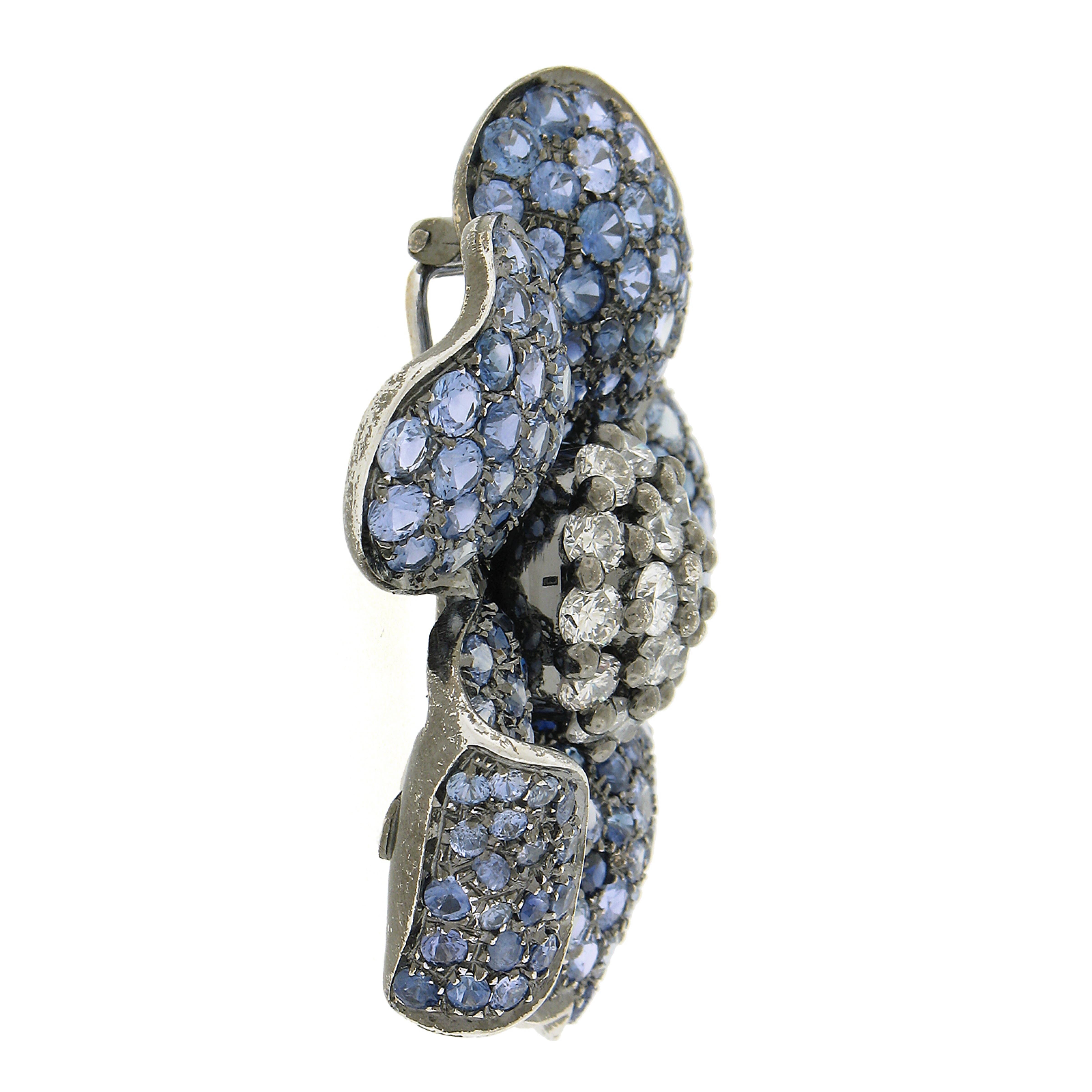 Craig Drake 18k Blackened Gold 17.44ctw Sapphire Diamond Large Flower Pin Brooch For Sale 1