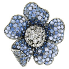 Craig Drake 18k Blackened Gold 17.44ctw Sapphire Diamond Large Flower Pin Brooch