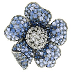 Craig Drake 18k Blackened Gold 17.44ctw Sapphire Diamond Large Flower Pin Brooch