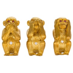 Craig Drake 18 Karat Gold Diamond Ruby Wise Monkey Brosche Set Speak See Hear No Evil