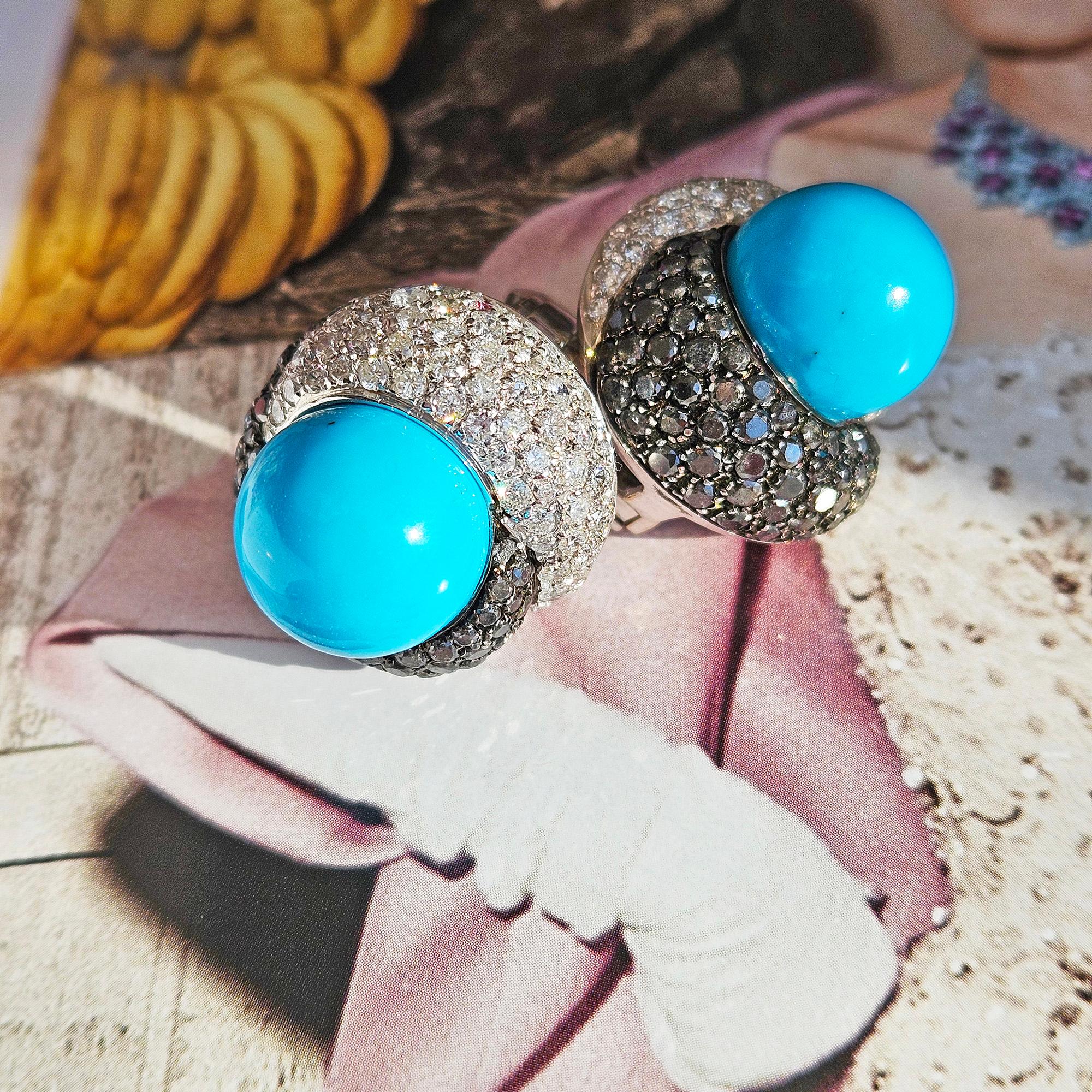 Craig Drake 18k White Gold Turquoise 7.40ct White & Black Diamond Earrings Clips For Sale 2