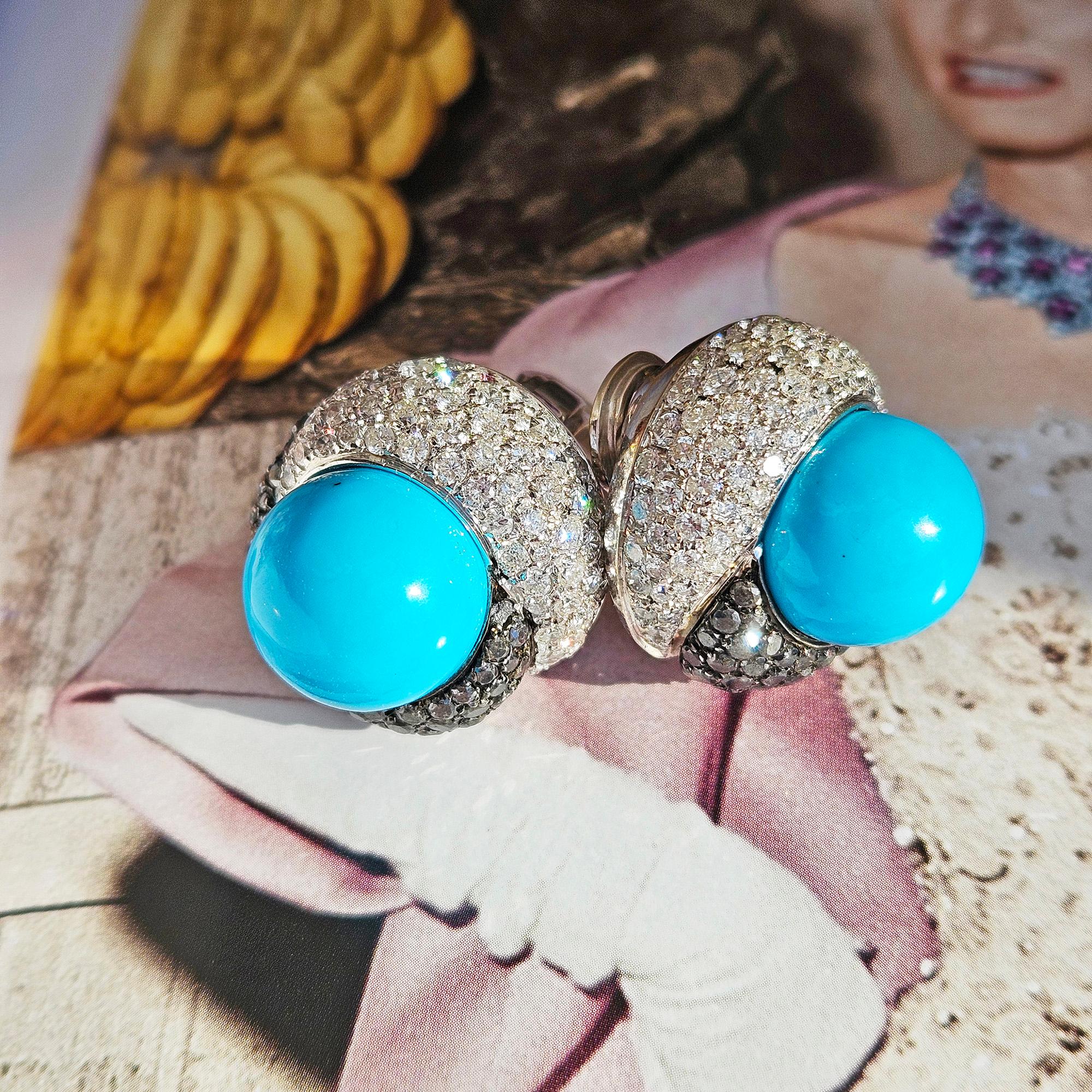 Craig Drake 18k White Gold Turquoise 7.40ct White & Black Diamond Earrings Clips For Sale 3